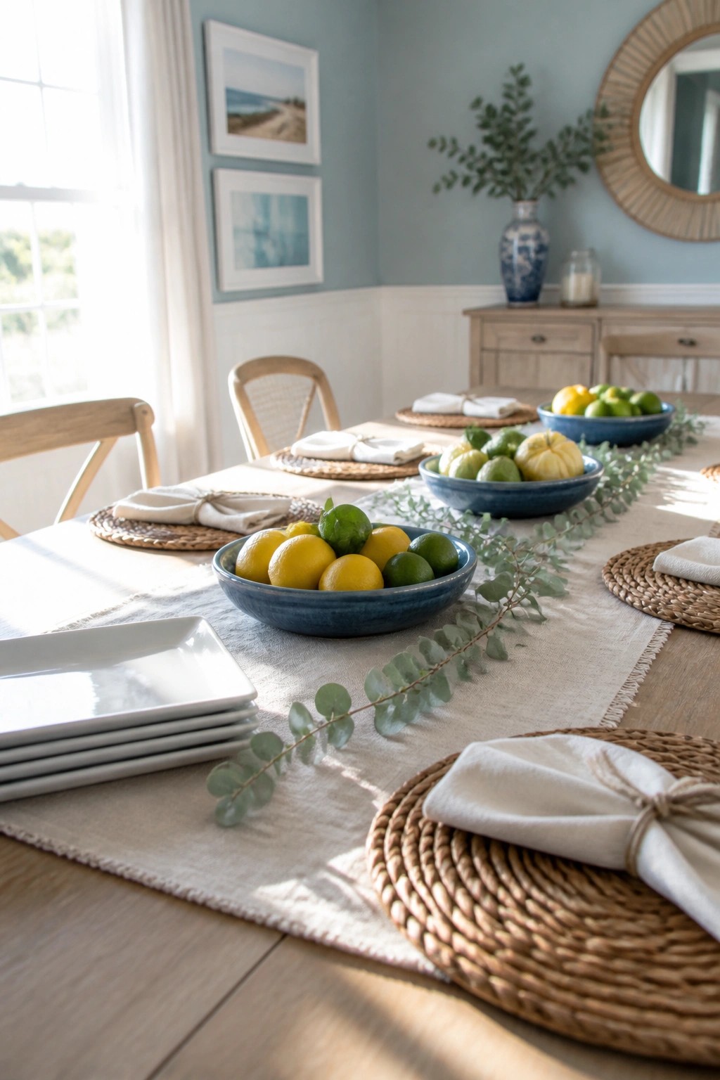 Dining table with blue bowls of lemons and limes, woven placemats, and eucalyptus garland.