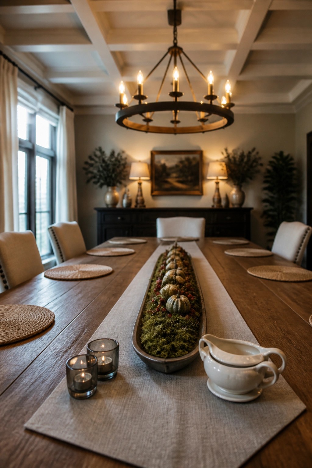 A long wooden dining table with a narrow moss-filled centerpiece holding small pumpkins and red berries, flanked by woven placemats and white upholstered chairs.