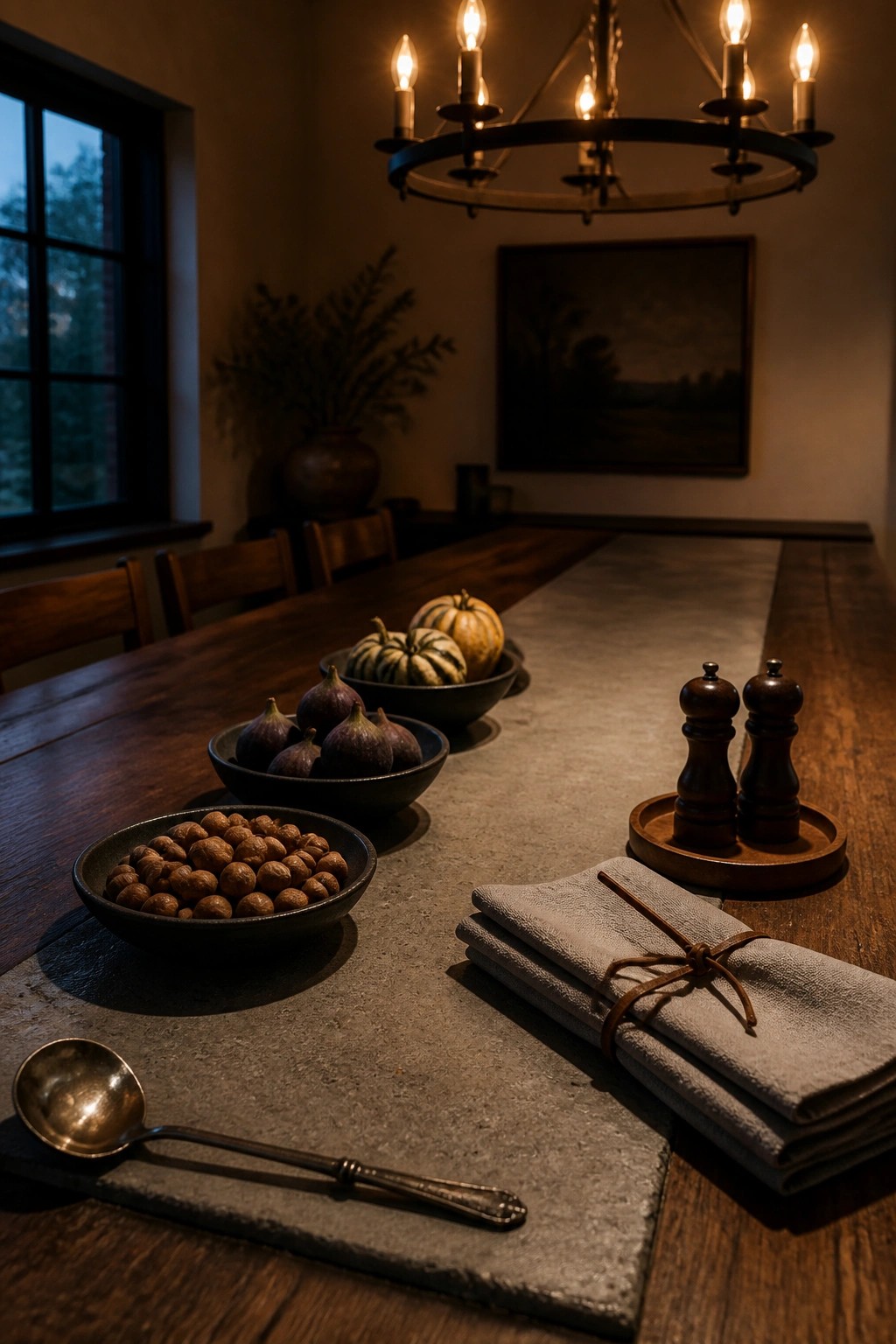 Rustic table with bowls of nuts, figs, gourds, pepper mills, napkins, and spoon under chandelier