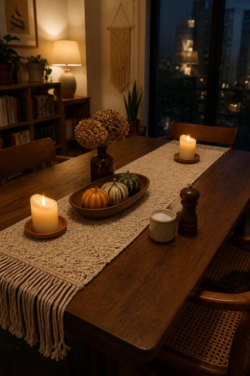 A wooden dining table set with a long macrame runner, lit candles, a wooden bowl of small pumpkins, a salt cellar, and a pepper mill in a warmly lit room at night.