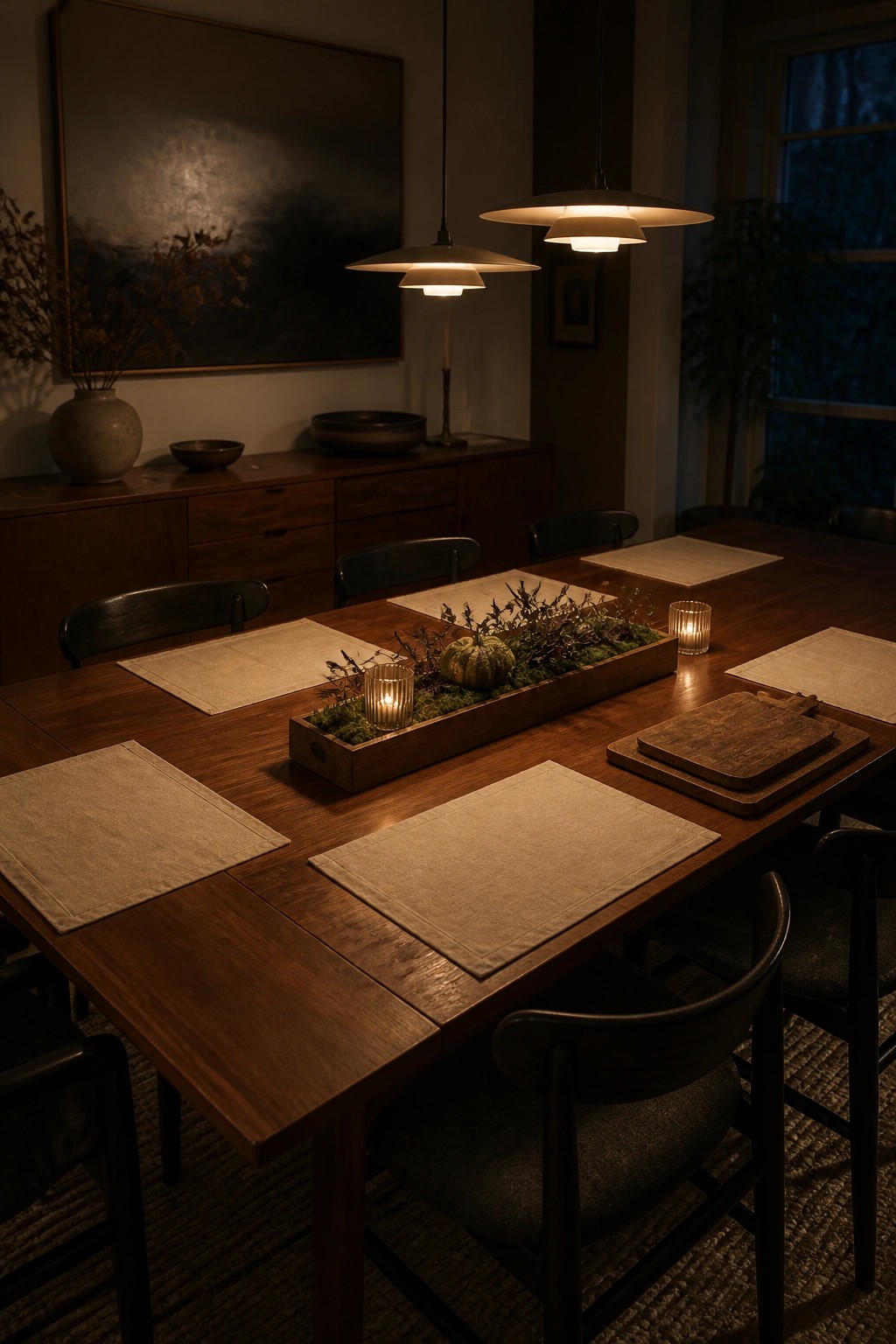 A wooden dining table set with linen placemats and a long wooden box centerpiece filled with moss, a small pumpkin, and glass candle holders.