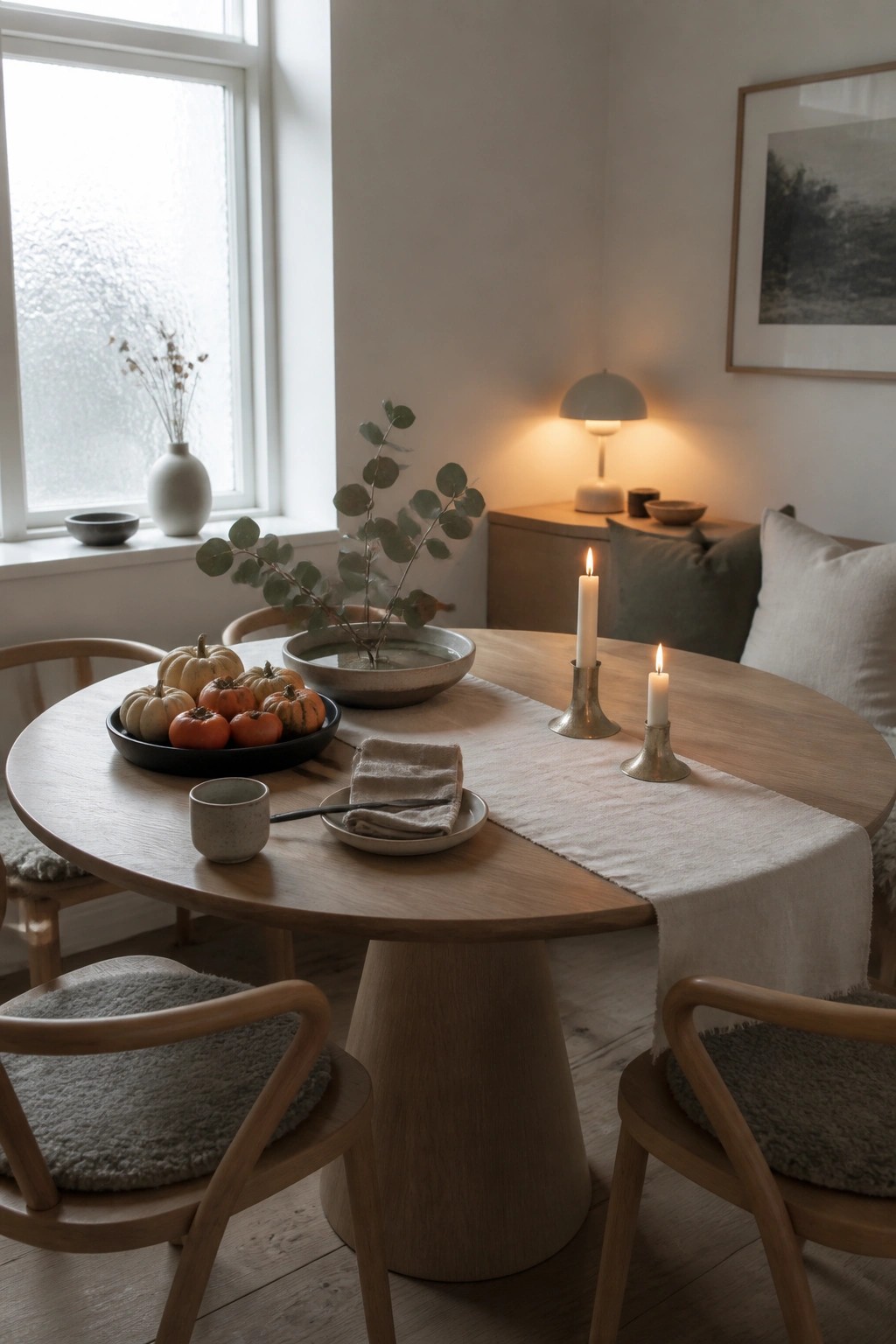Round wooden dining table with a light linen runner, two lit taper candles, and a bowl of small pumpkins and gourds on one side.