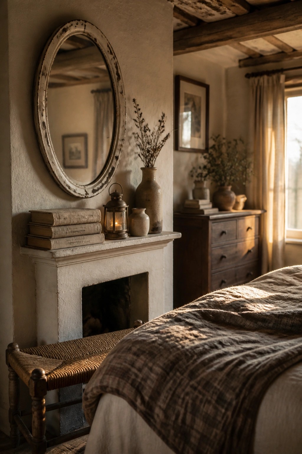A stone fireplace mantel topped with stacked old books, a lit lantern, and several ceramic vases holding dried branches, with an oval distressed mirror mounted above.