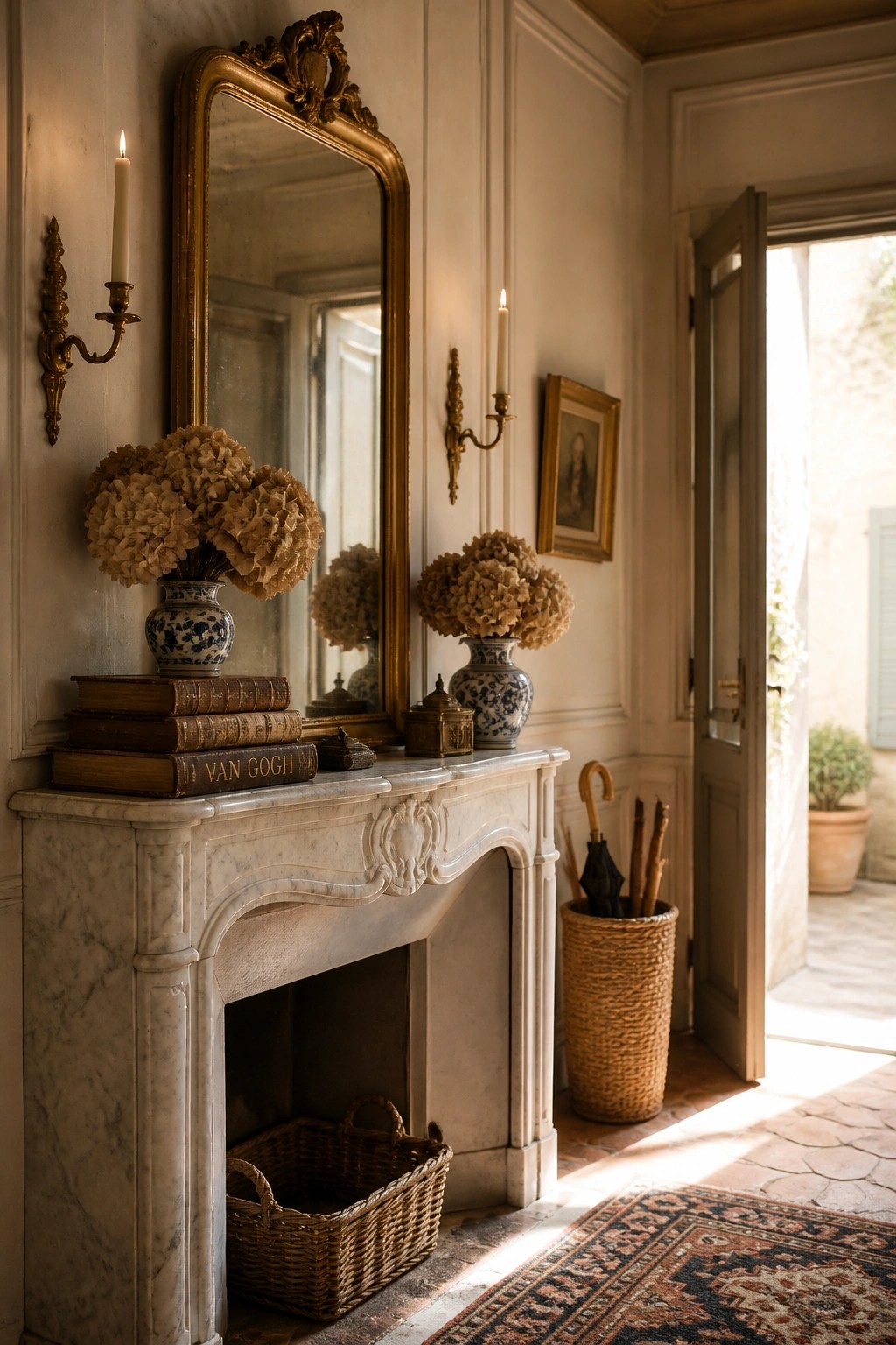 A white marble fireplace mantel holds stacked old books beneath two blue and white vases filled with dried hydrangeas, with a large gold-framed mirror centered above and candle sconces on either side.