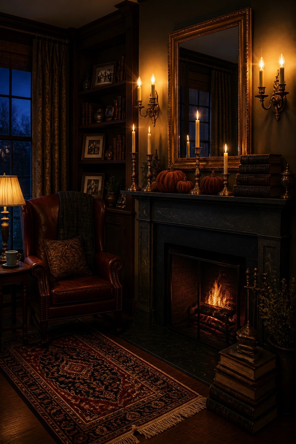 Cozy parlor with lit fireplace, leather armchair, Persian rug, bookshelves, and pumpkin mantel.