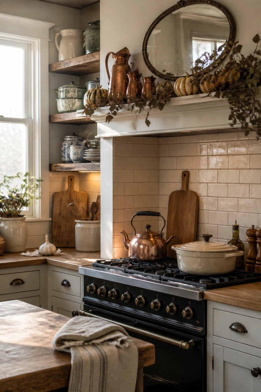 A kitchen mantel above a stove holds copper pitchers, small pumpkins, and dried foliage arranged around a round mirror.