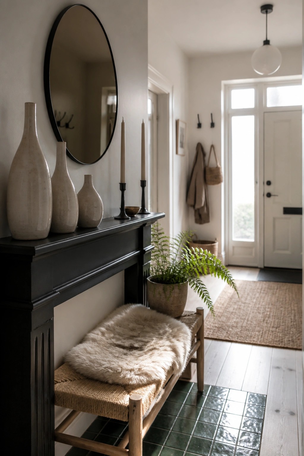 Black mantel with vases and candles above fur-covered bench and potted fern.