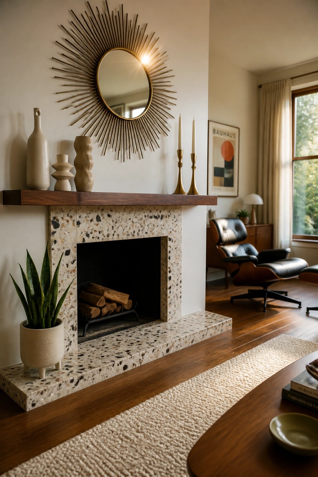 A living room fireplace with a speckled stone surround, wooden mantel, sunburst mirror above it, and various vases and candles arranged on the shelf.