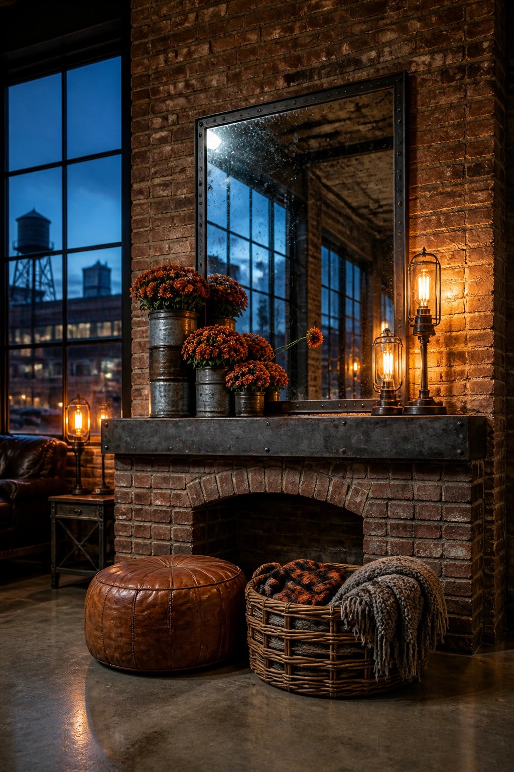 A brick fireplace with a large mirror above the mantel, layered with potted orange flowers in metal containers of varying heights and two lit lanterns on the right.