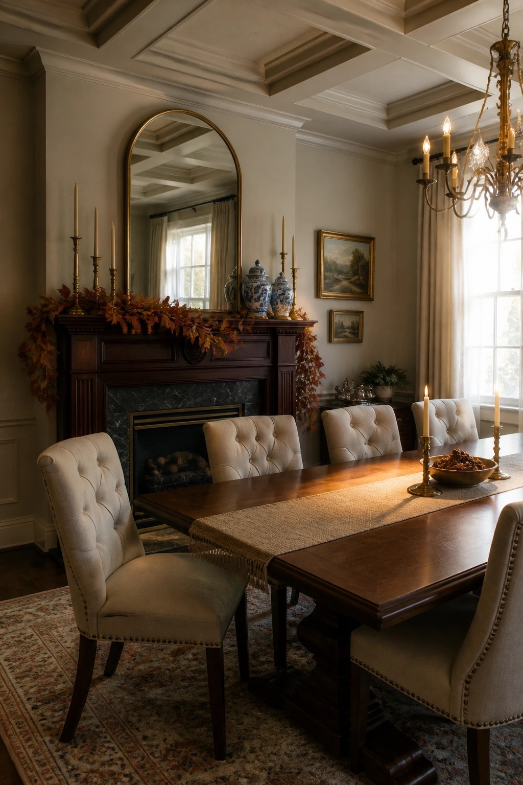A formal dining room featuring a dark wood fireplace mantel decorated with autumn leaves, brass candlesticks, and blue and white ceramic vases beneath a large arched mirror, with a long wooden dining table and upholstered chairs in the foreground.