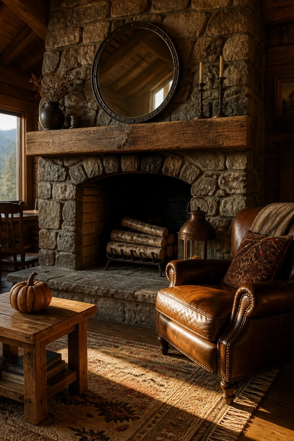 A rustic stone fireplace with a round mirror centered above the wooden mantel, two candlesticks on the right, and a leather armchair in the foreground.