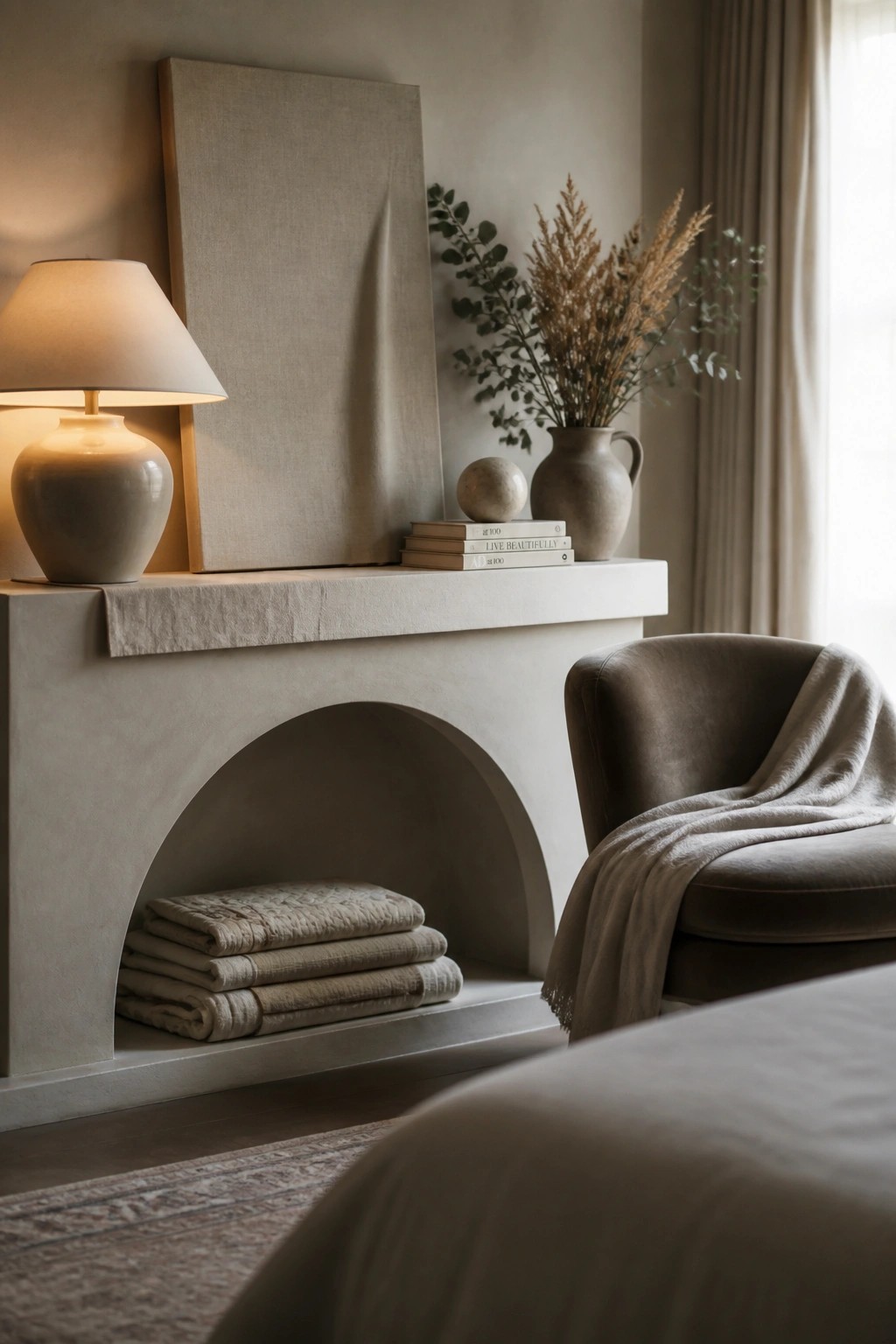 A neutral fireplace mantel featuring an arched storage niche with folded textiles below and a lamp, artwork, books, and vase arranged on top.