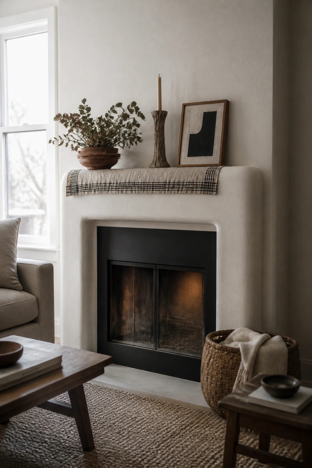 A white plaster fireplace mantel with a neutral linen runner, a potted plant, a wooden candle holder, and a framed abstract print.
