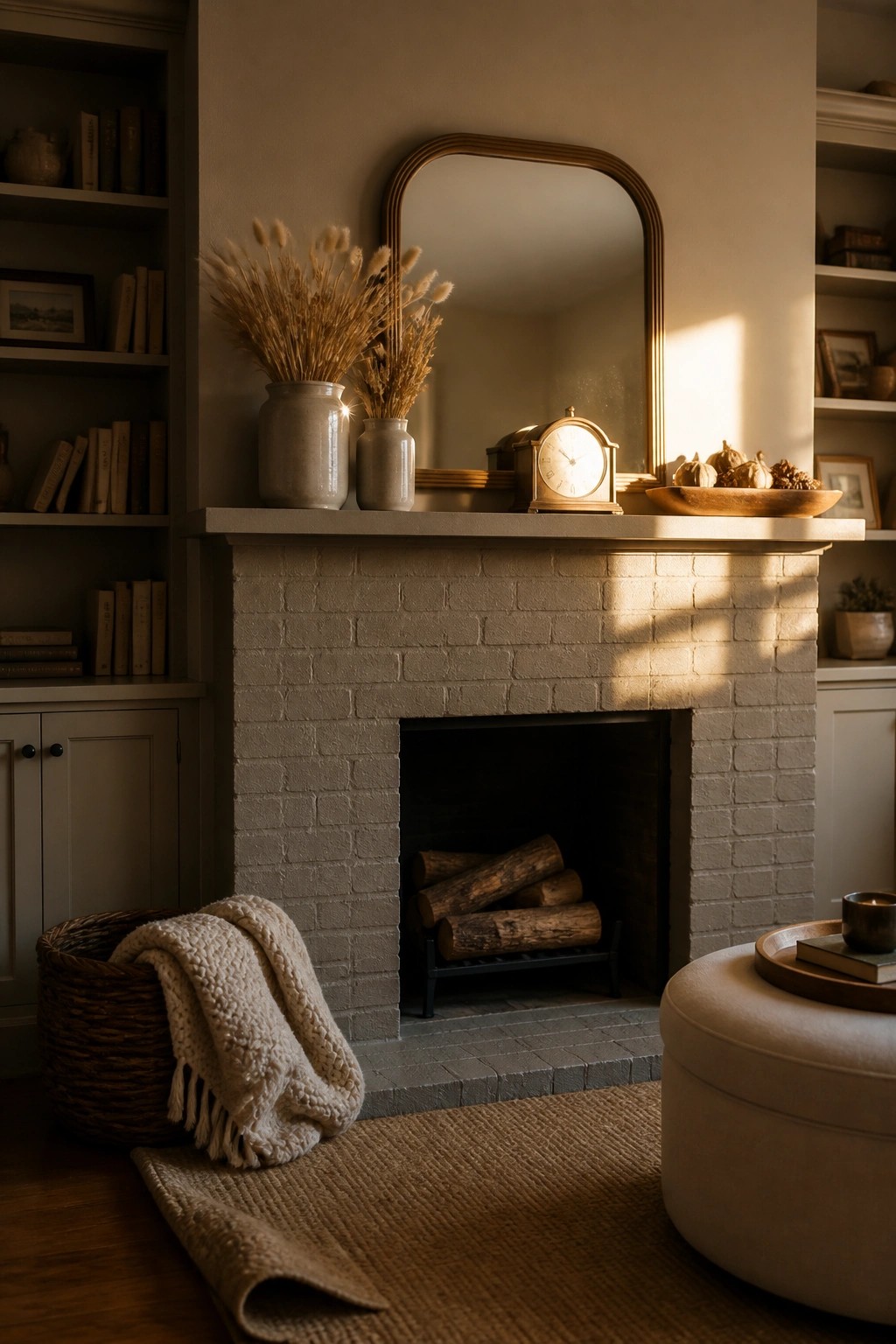 A brick fireplace mantel styled with two ceramic vases of dried grasses, a small clock, and a wooden bowl of mini pumpkins, set against neutral built-in bookshelves.