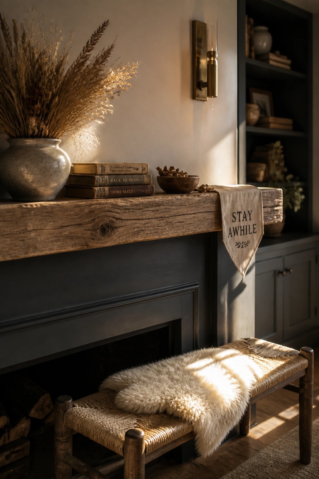 A wooden mantel holds a vase of dried grasses, three stacked vintage books, a small wooden bowl, and a hanging fabric banner over a dark fireplace.