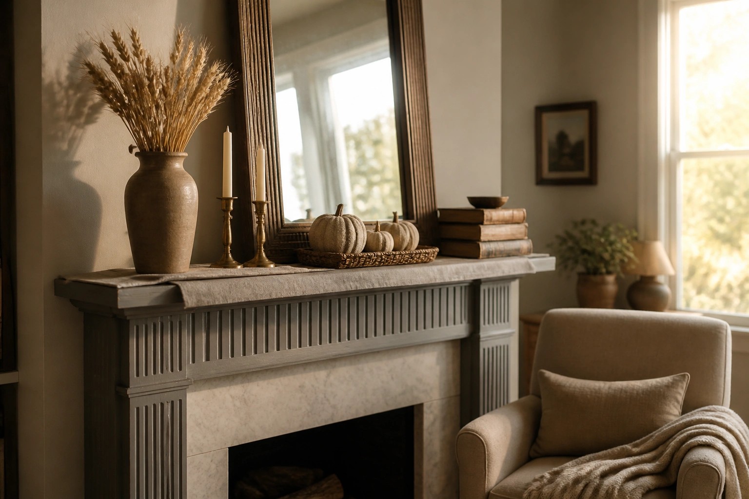 Gray fireplace mantel with white pumpkins, candles, wheat, and books in neutral tones