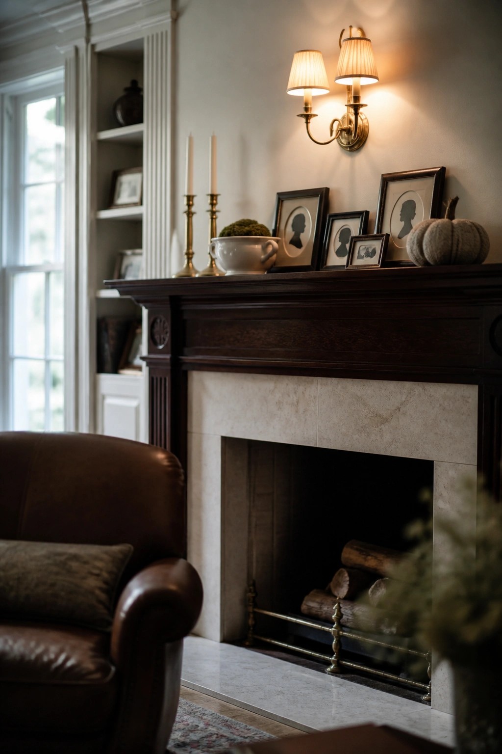 A dark wood fireplace mantel decorated with framed silhouette portraits, brass candlesticks, a white bowl, and a fabric pumpkin.