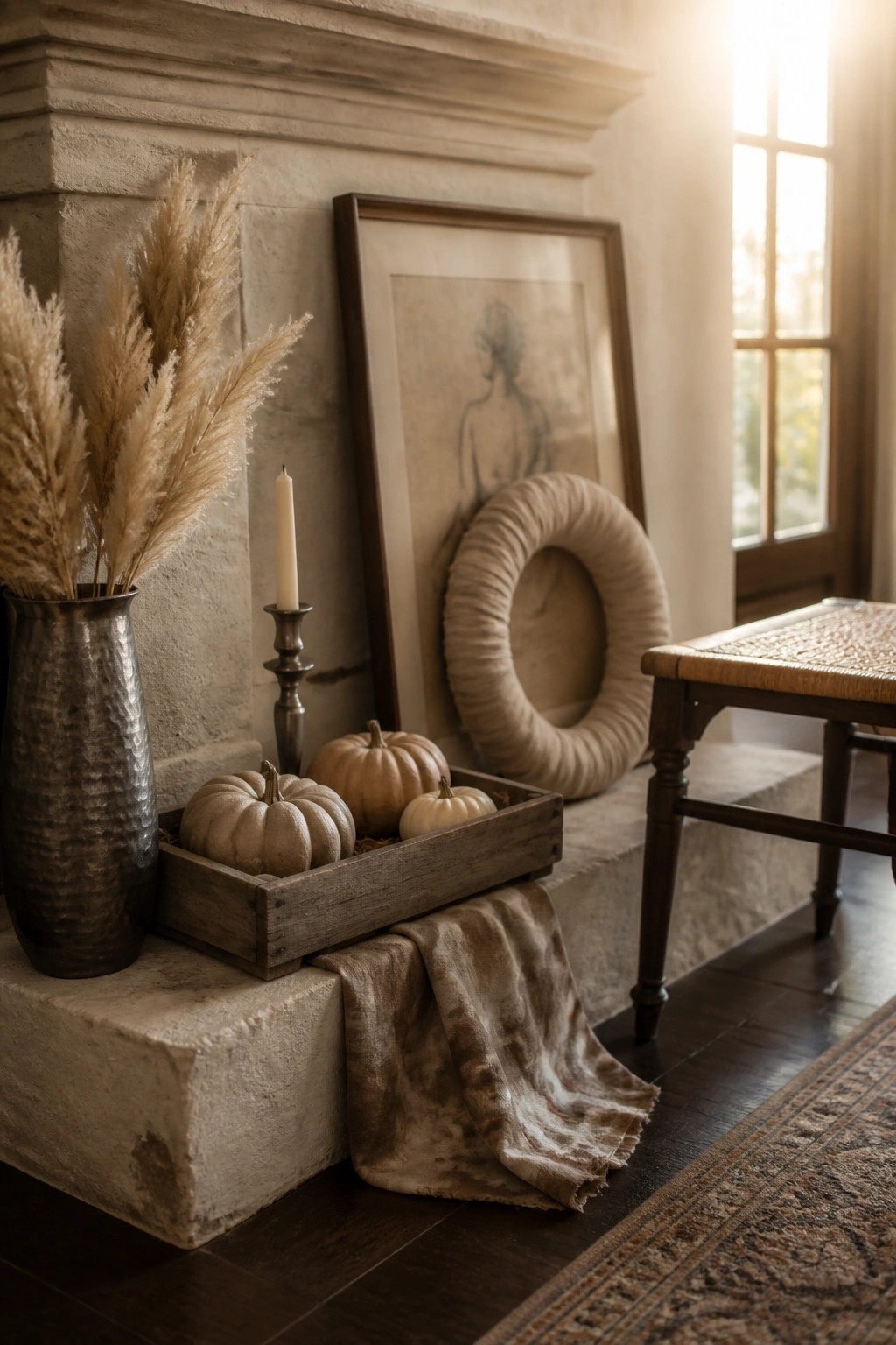 A stone fireplace hearth decorated with a wooden crate holding small neutral pumpkins, a hammered metal vase of pampas grass, a single candle, framed art, and a round fabric wreath.