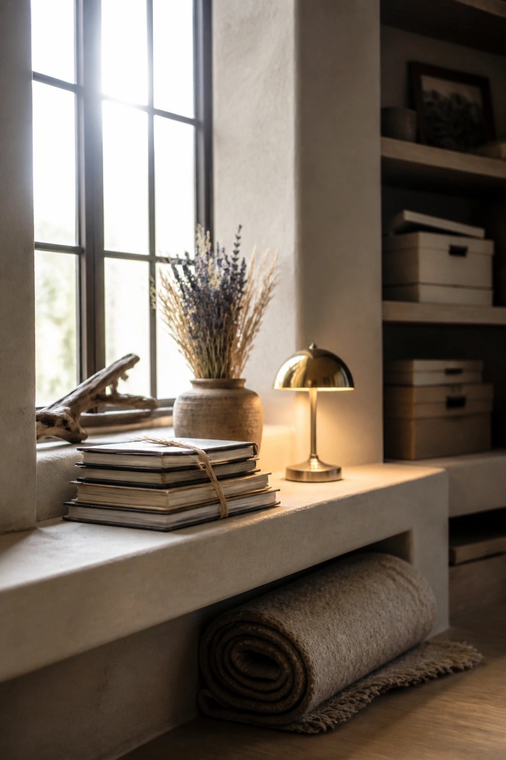 A concrete windowsill ledge holds a stack of books tied with twine, a lit brass lamp, and a stoneware vase with dried lavender and grasses, with a rolled blanket stored in the opening below.