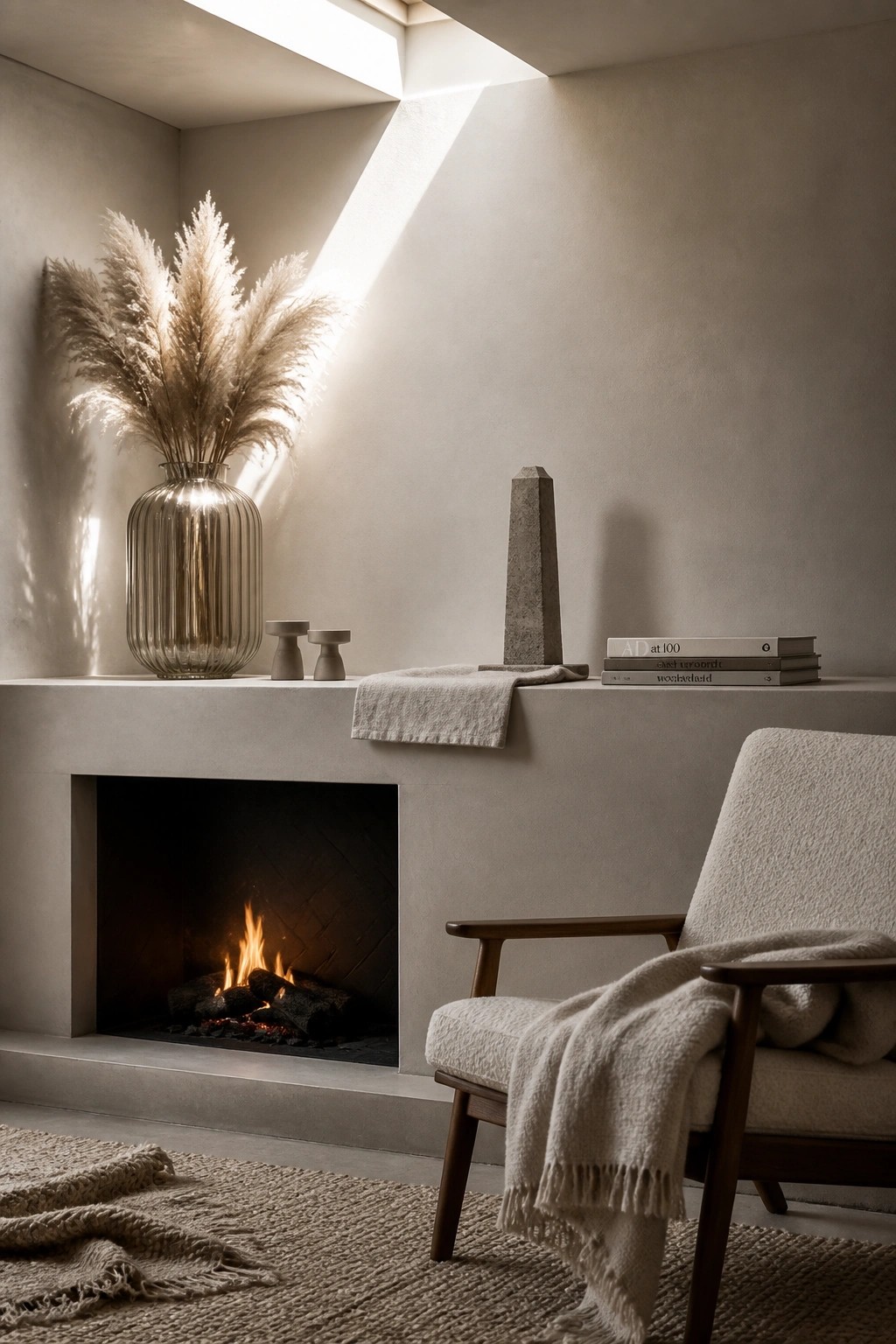 Minimalist neutral room with lit fireplace, pampas grass vase, concrete sculpture, and cozy armchair.