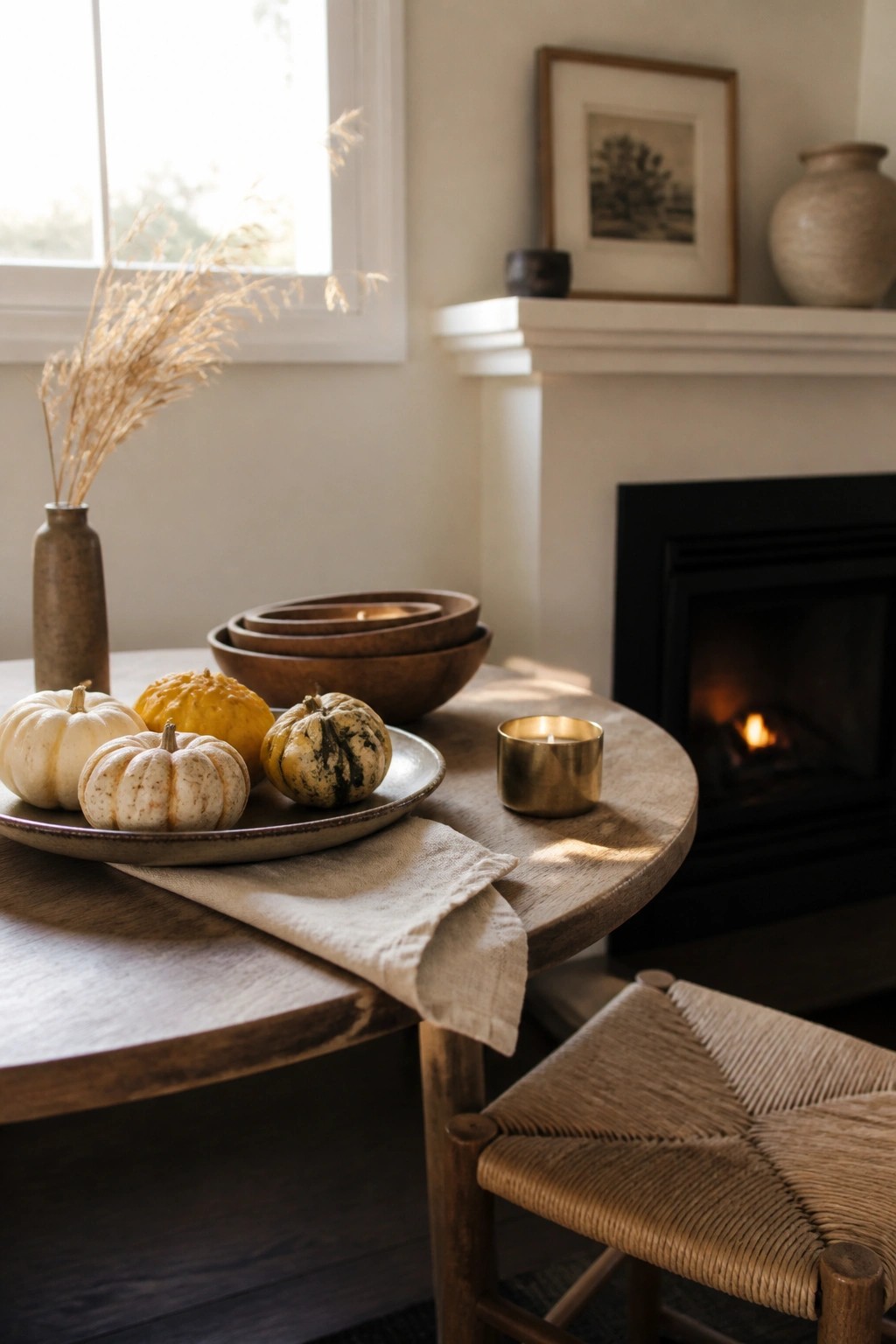 A neutral mantel holds a framed print, a small dark bowl, and a large ceramic vase above a black fireplace, with a wooden table and fall decor visible in front.