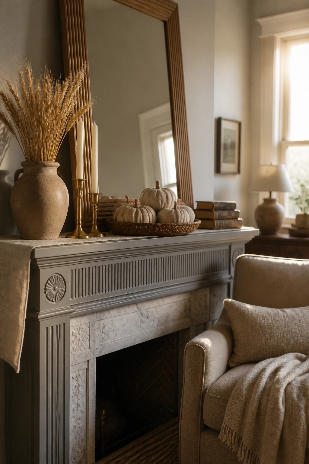 Gray fireplace mantel with white pumpkins, candles, wheat, and books in neutral tones