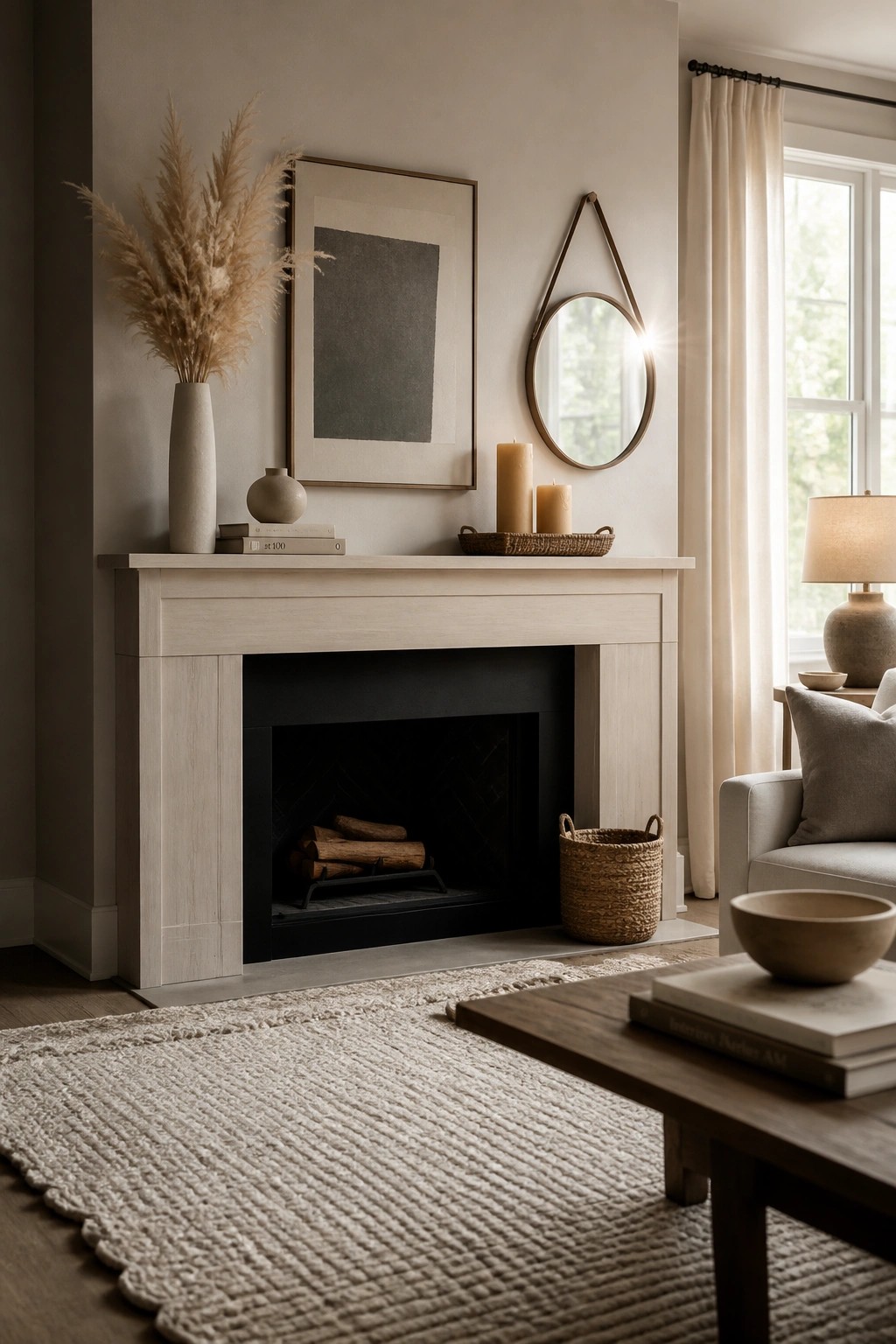 A light wood fireplace mantel decorated with pampas grass in a tall vase, stacked books, small pottery, and candles, with framed art above and a woven basket on the floor nearby.