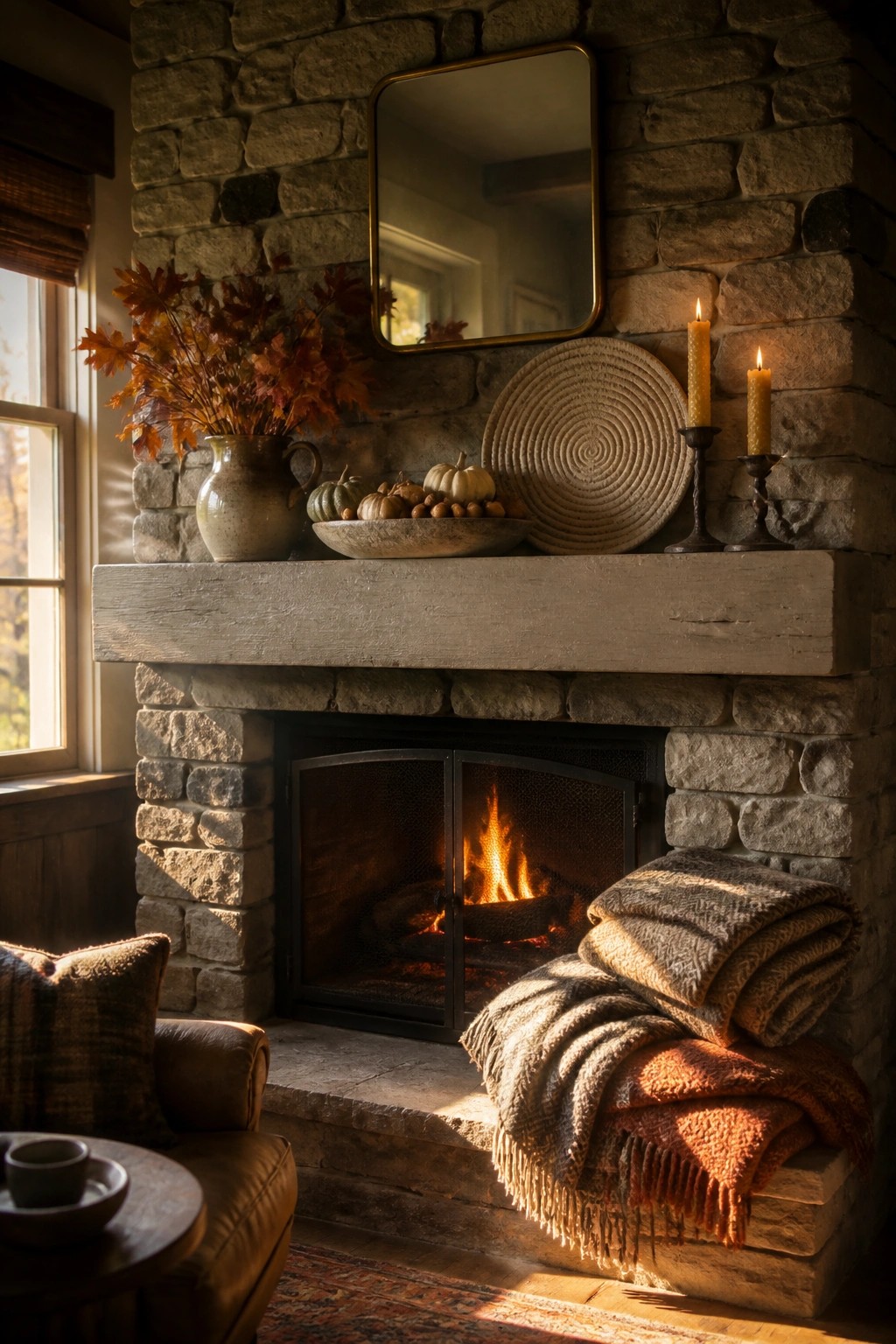 A stone fireplace mantel decorated with a vase of autumn leaves, small pumpkins in a bowl, two lit candles, and a woven circular wall piece, with folded blankets resting on the hearth.