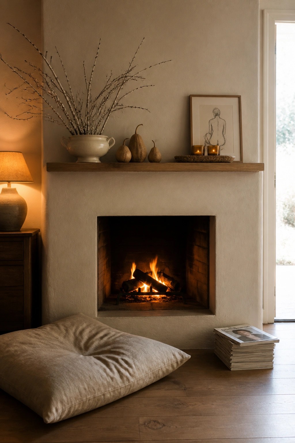 A fireplace mantel styled with a white vase holding tall bare branches, several small gourds, two candles, and a framed line drawing.