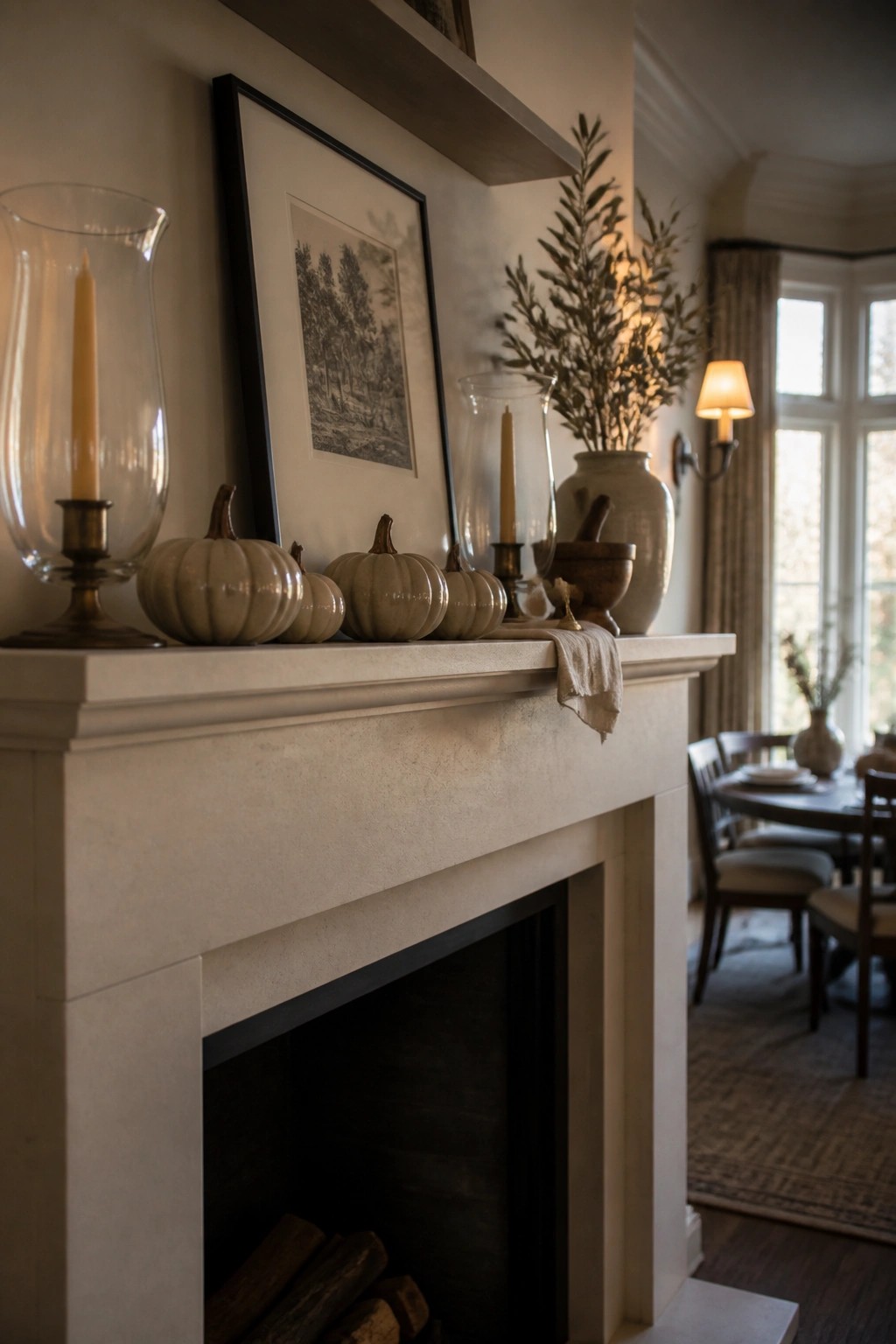 A stone fireplace mantel holds small neutral pumpkins, a framed landscape print, glass candle holders, and dried branches in a vase.