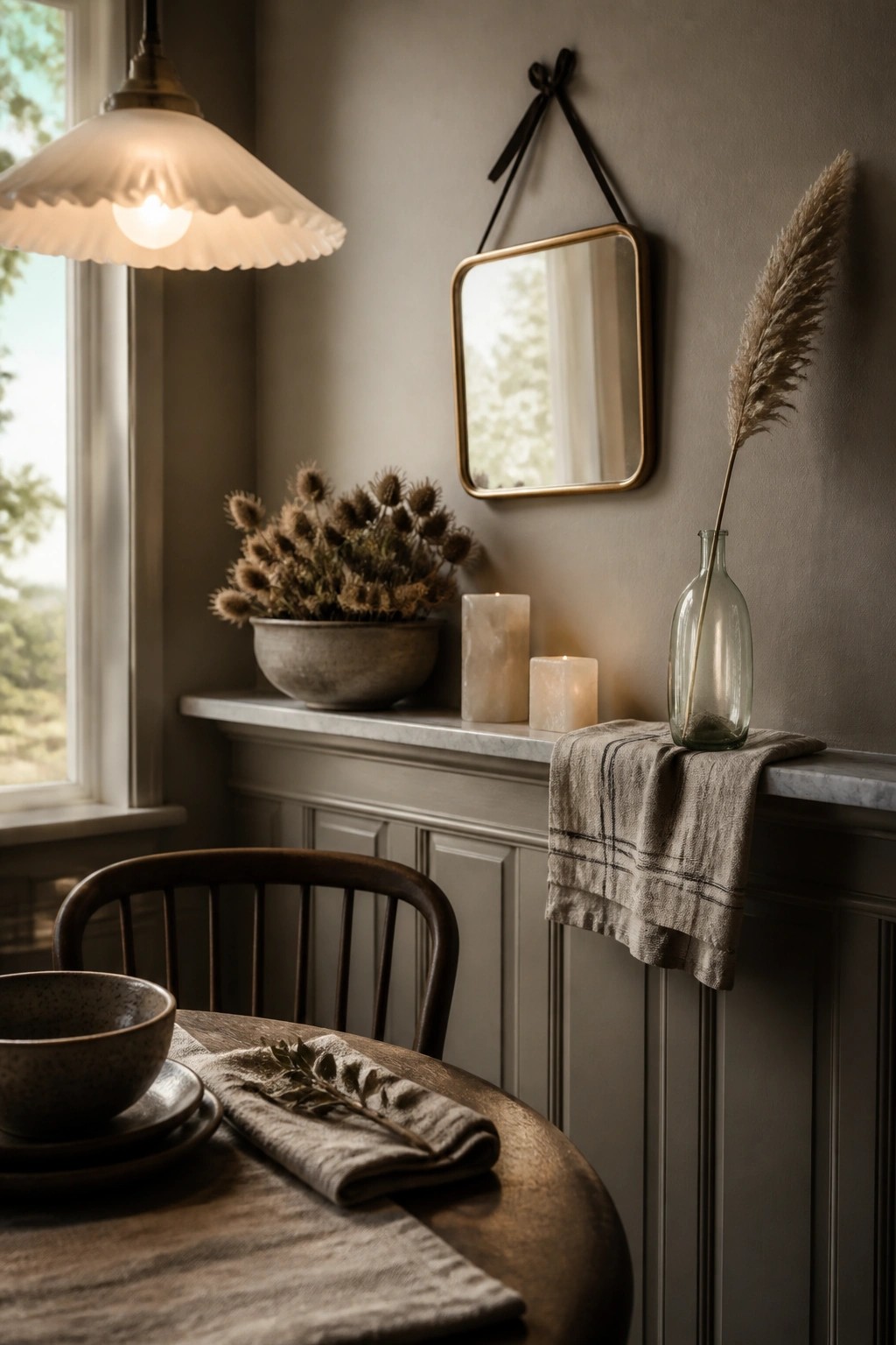 A gray-painted mantel shelf holds a stone bowl with dried thistles, two pillar candles, and a glass vase with tall grass, with a small mirror hung above it.
