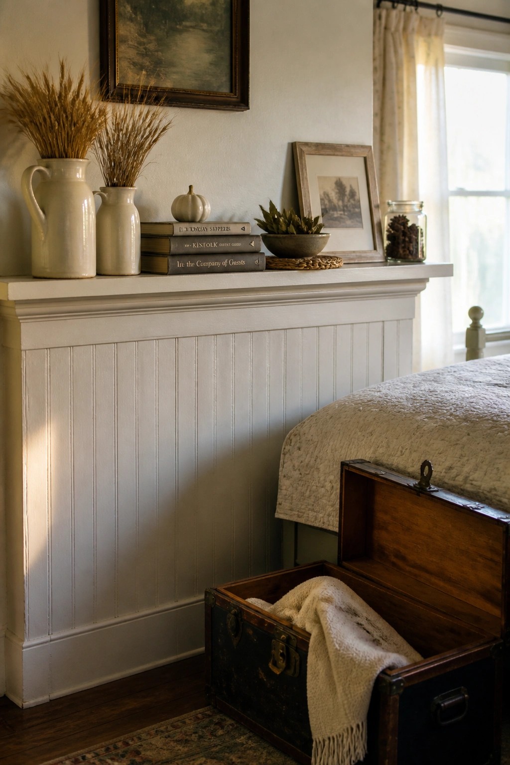 A white mantel above beadboard paneling holds stacked books, two white ceramic pitchers with dried wheat, a small white pumpkin, a bowl of greenery, and a framed print in a neutral fall arrangement.