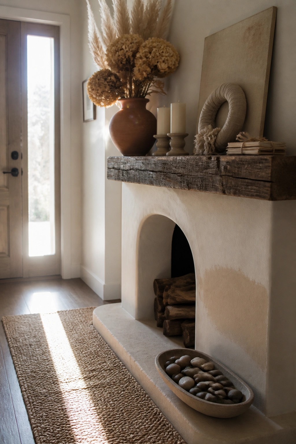 A neutral-toned fireplace mantel holds a terracotta vase with dried pampas grass and hydrangeas, two candles, a fabric wreath, and stacked books, with firewood stored inside the arched opening below.