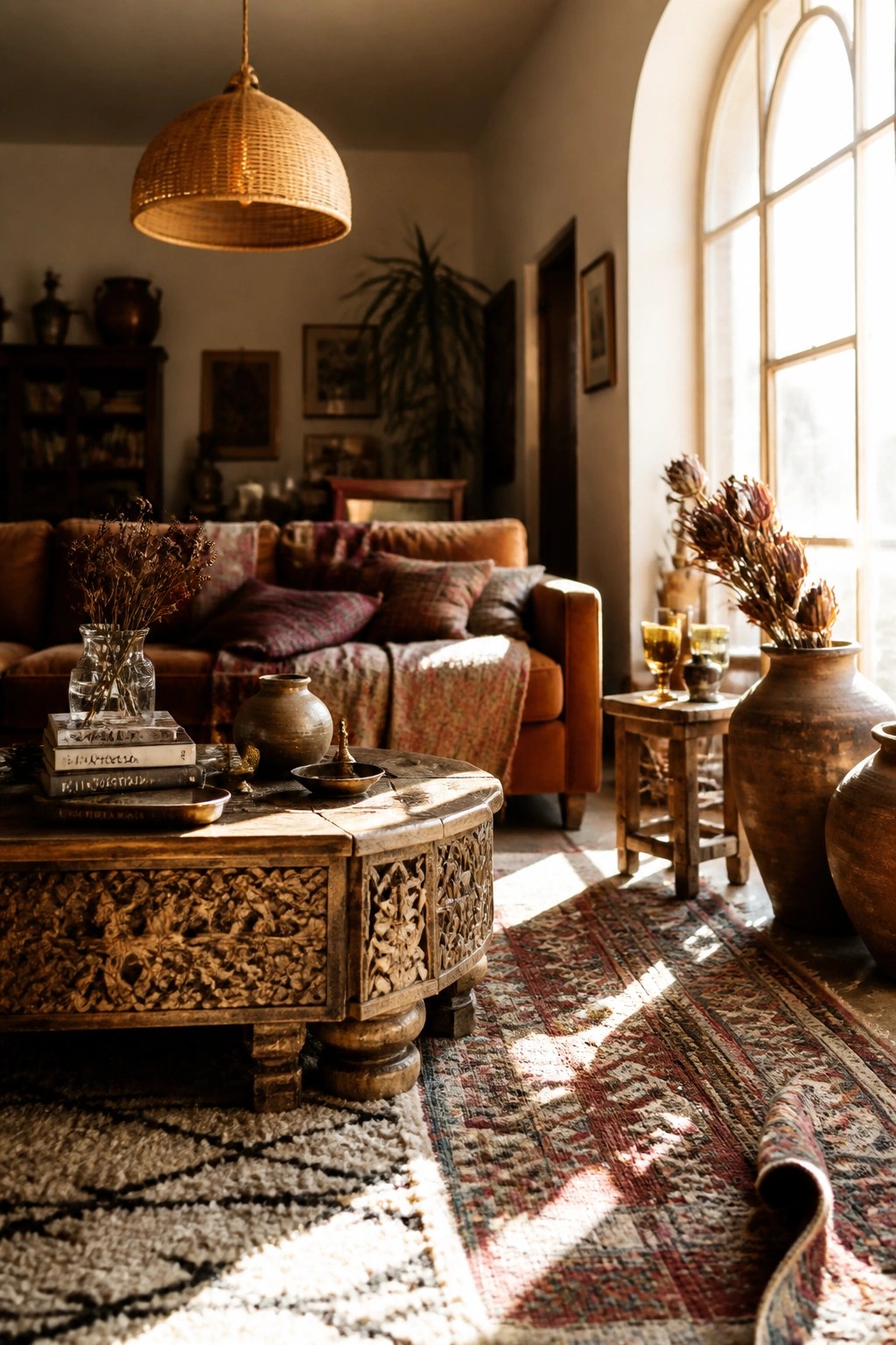 A sunlit living room with a large carved wooden coffee table holding stacked books and pottery, positioned in front of a brown leather sofa on layered rugs.