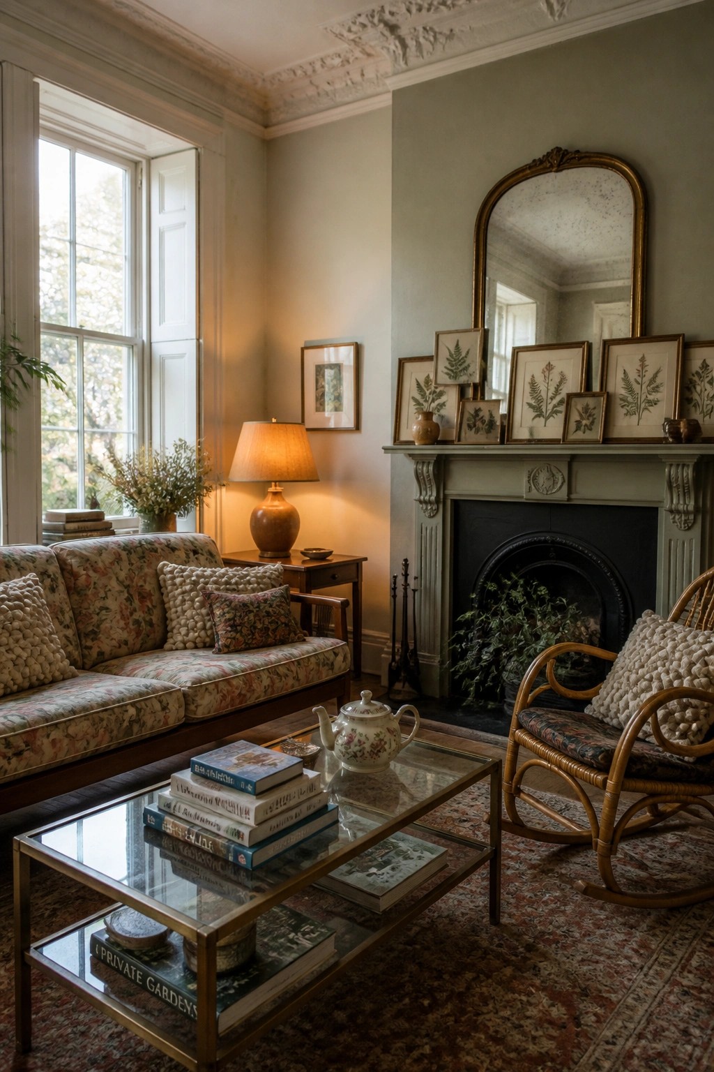 A living room with a fireplace mantel holding multiple framed botanical prints arranged below a large mirror, a floral sofa, glass coffee table with books, and a wicker rocking chair.
