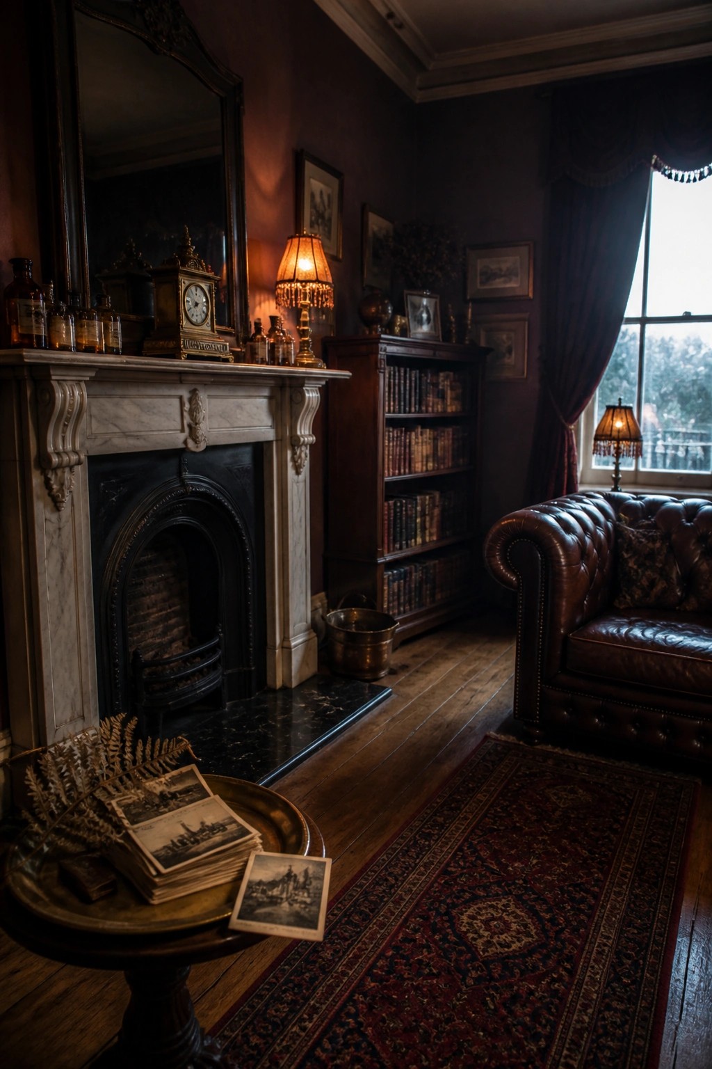 A vintage living room with a marble fireplace, dark walls, a brown leather sofa, bookshelves, and a round table holding stacks of old photographs.