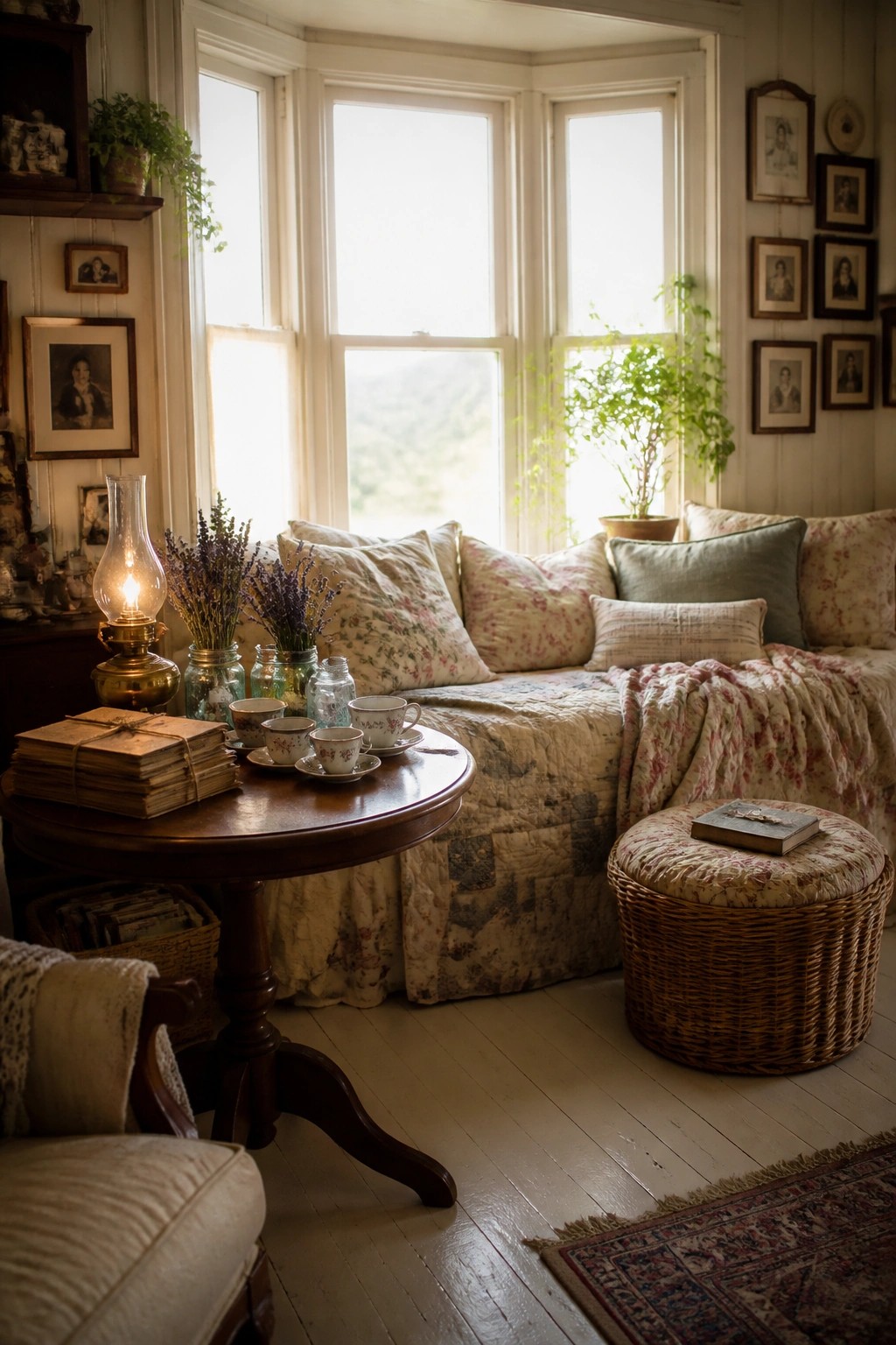 Cozy bay window nook with floral cushions, teacups, oil lamp, and vintage decor