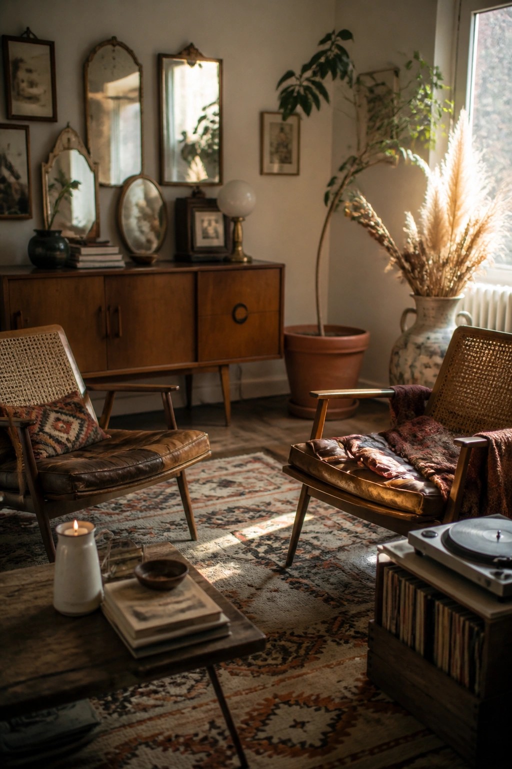 Cozy vintage room with leather armchairs, wooden credenza, record player, and sunlit plants.