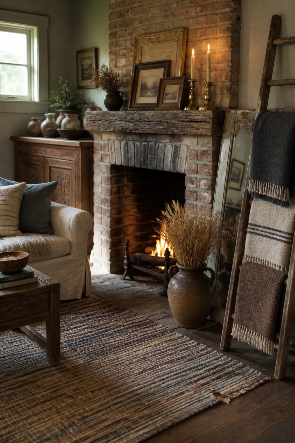 A brick fireplace with lit candles and framed art on the mantel, a white sofa with pillows, a wooden ladder holding folded blankets, and a large woven rug on the floor.