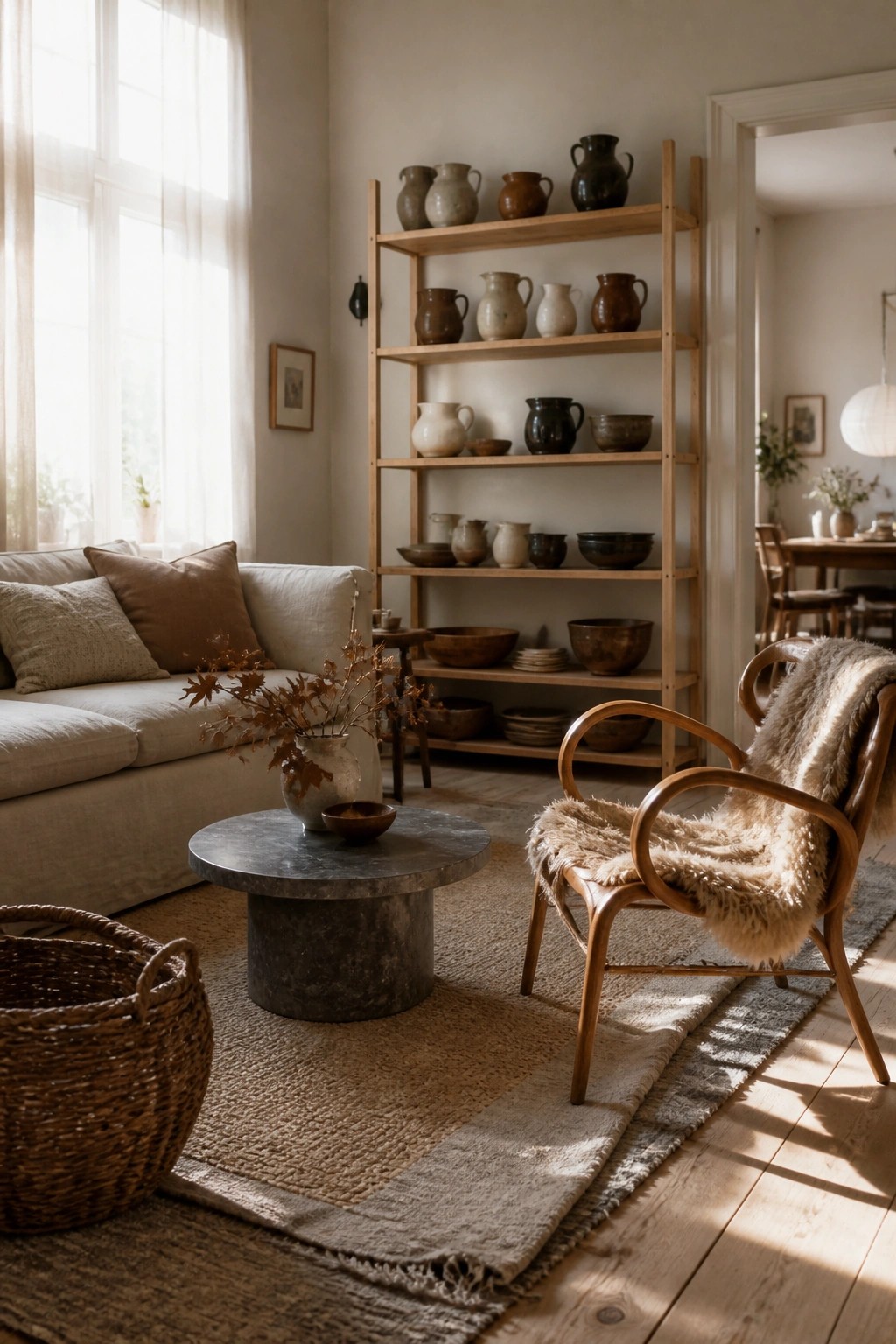 A living room interior showing a tall wooden open shelving unit filled with assorted ceramic vases, bowls, and pitchers next to a sofa and round stone coffee table.