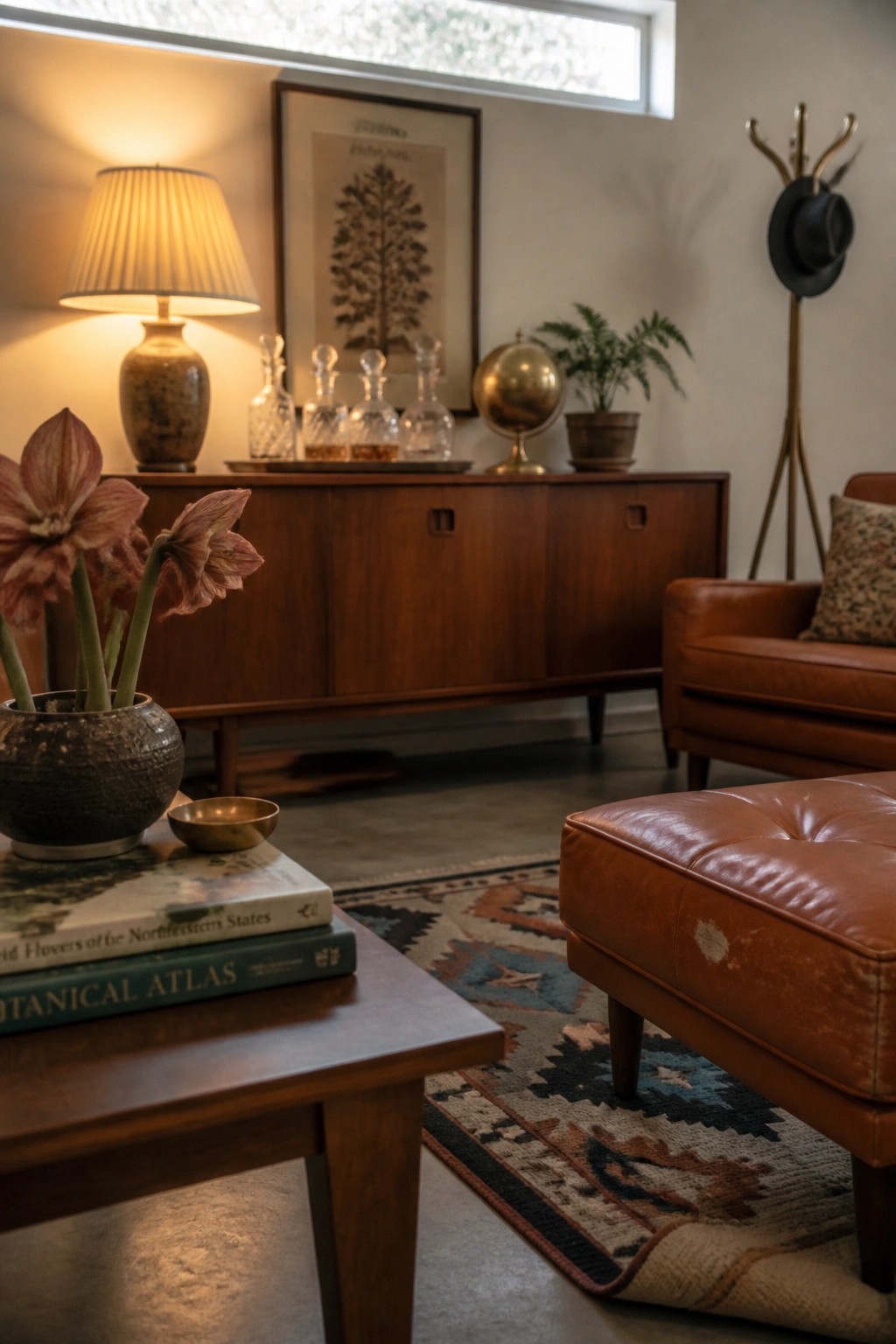 Mid-century living room with brown leather furniture, wooden credenza, books, and patterned rug.