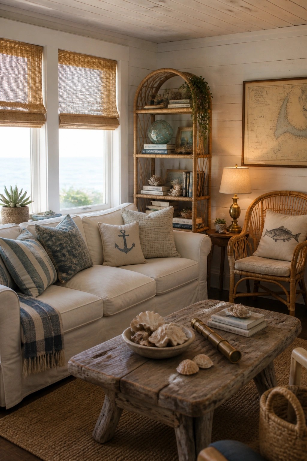 A living room corner with a white sofa, rattan bookshelf holding books and seashells, wooden coffee table with shells and a telescope, and a wicker chair next to a framed nautical map.