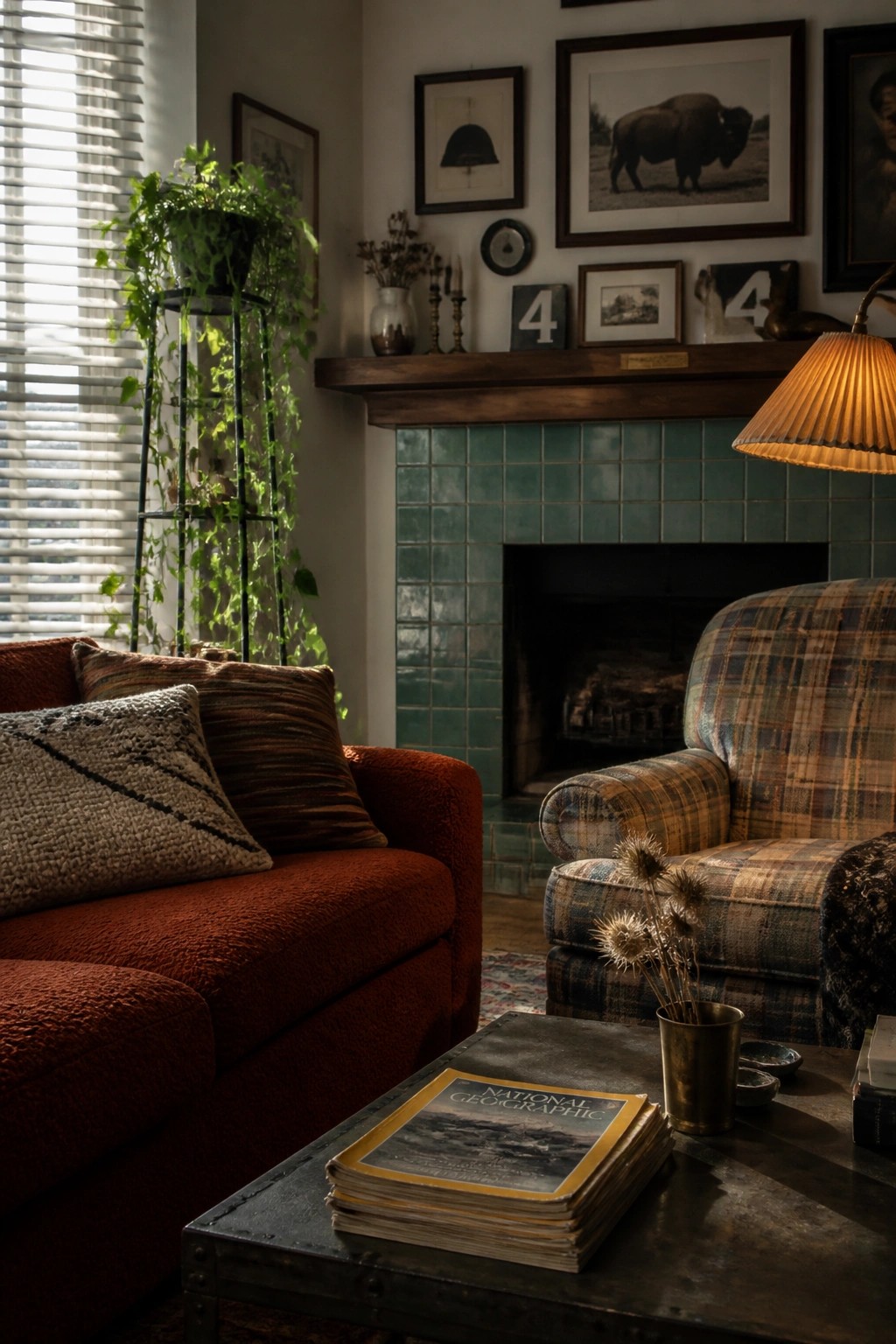 A living room corner with a teal tiled fireplace, wooden mantel holding framed pictures and small objects, red sofa, plaid armchair, and a coffee table with stacked magazines.