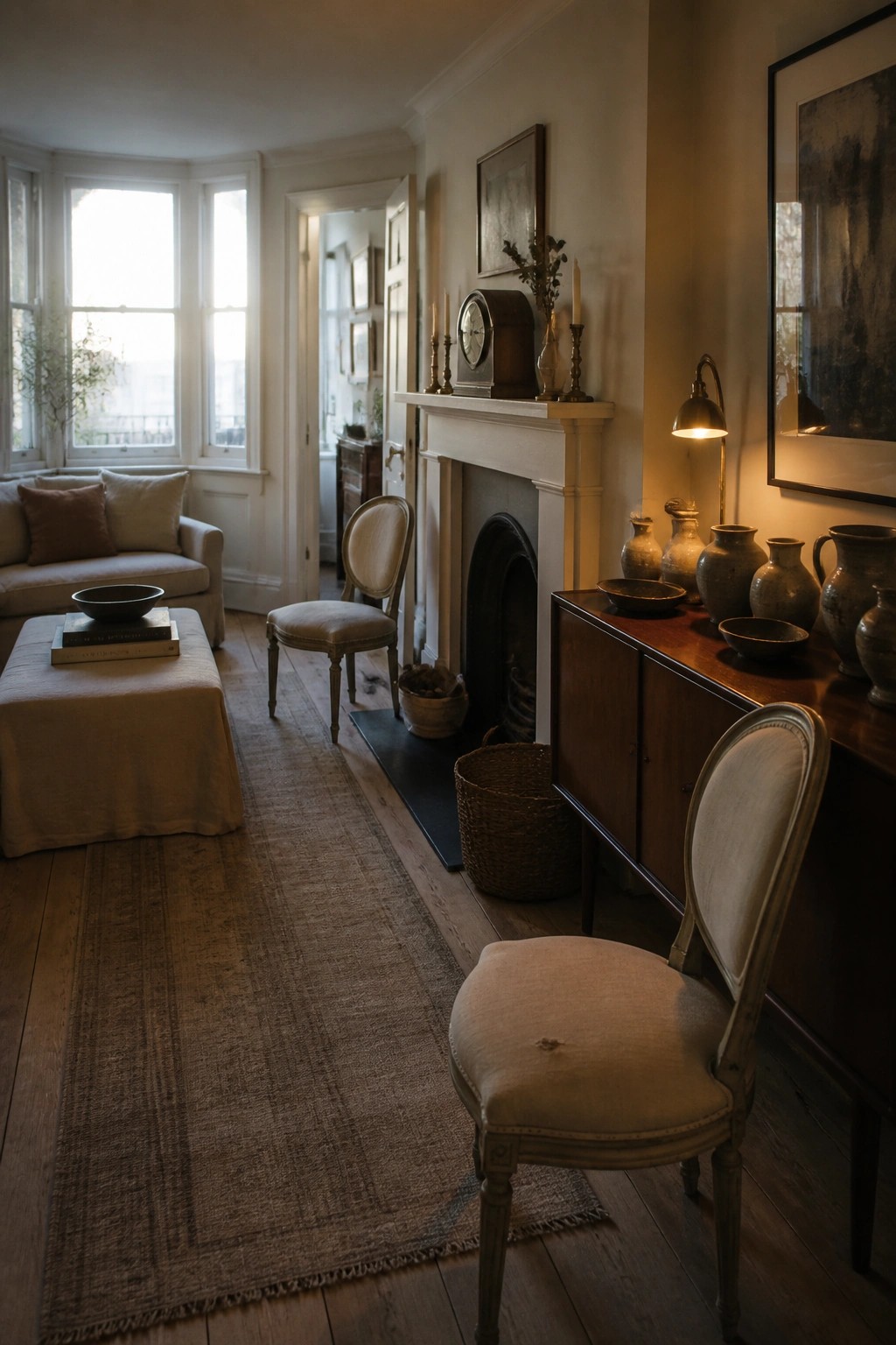 A living room interior showing a wooden sideboard topped with various pottery vessels, a upholstered chair in the foreground, and a white fireplace mantel with additional collected items.