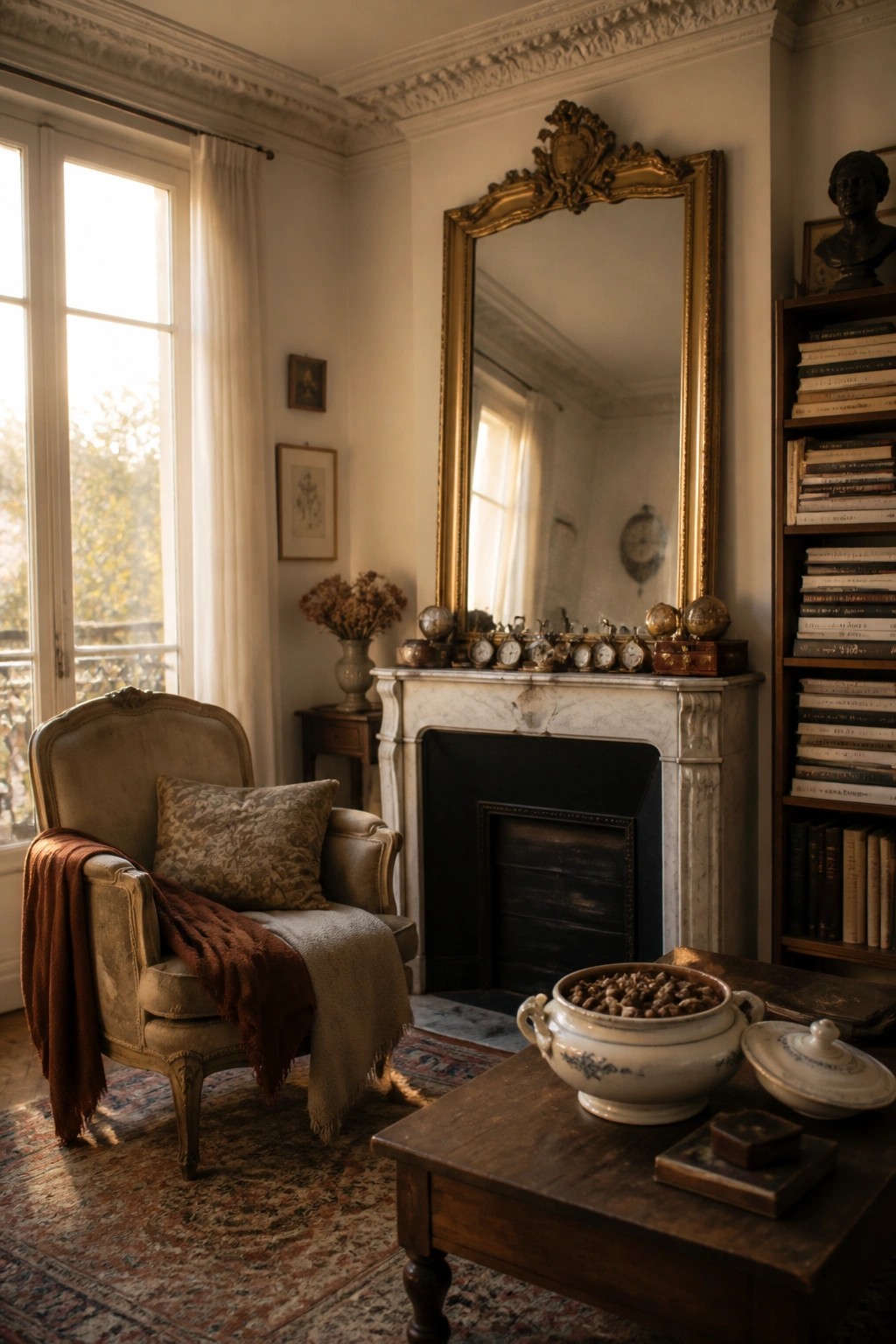 A vintage living room with an ornate gold mirror above a white marble fireplace, an upholstered armchair with a patterned pillow and brown throw, a wooden coffee table holding a large ceramic tureen, and a tall bookshelf filled with books.