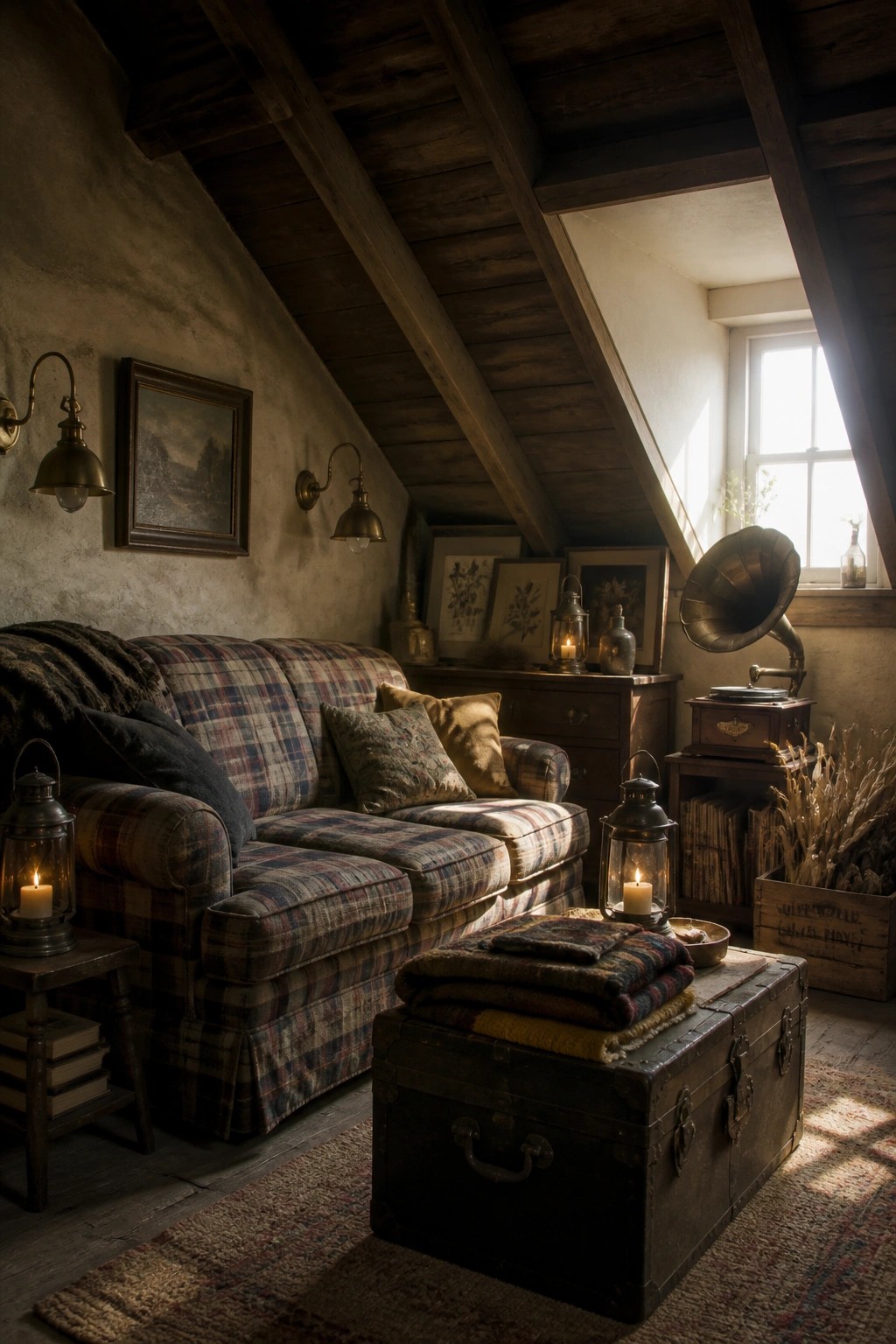 A cozy attic living room with a plaid sofa, a dark wooden trunk topped with folded blankets and a lantern, wall sconces, framed art, and a gramophone near a window.