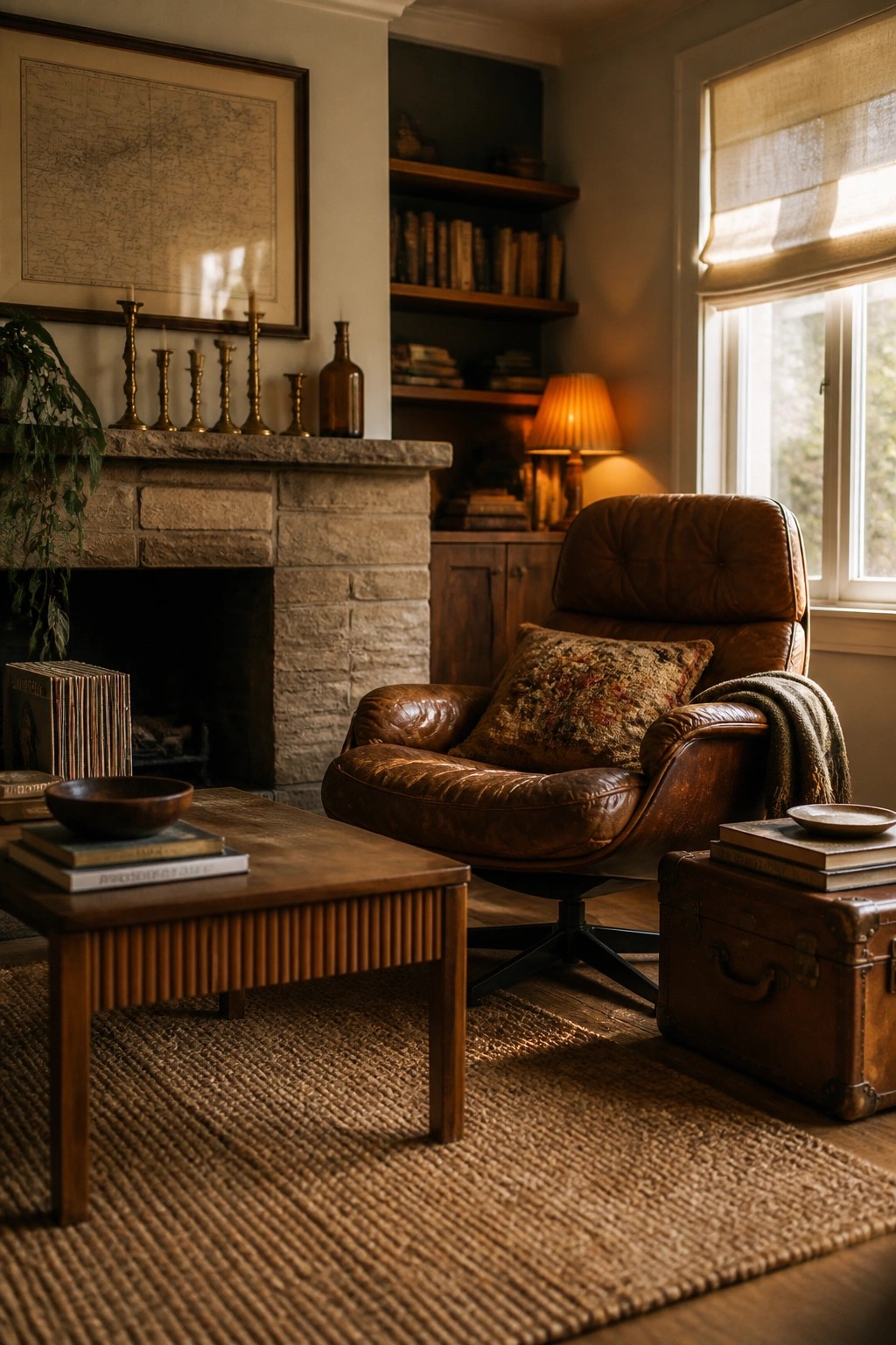 A living room featuring a brown leather recliner beside a wooden coffee table stacked with books, a stone fireplace with a framed map above it, and a woven rug on the floor.
