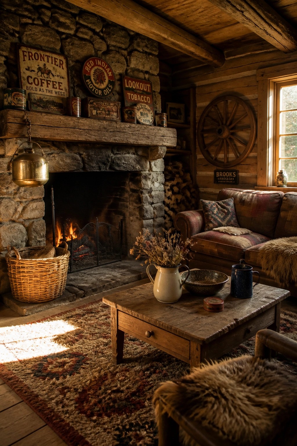 A rustic living room with a large stone fireplace, wooden mantel holding multiple vintage advertising signs and tins, a coffee table with pottery and dried flowers, and a plaid sofa nearby.