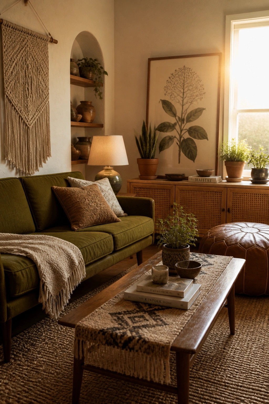 A living room corner with a green sofa, wooden coffee table on a jute rug, macrame wall hanging, arched niche with pottery, and large botanical print near a window.