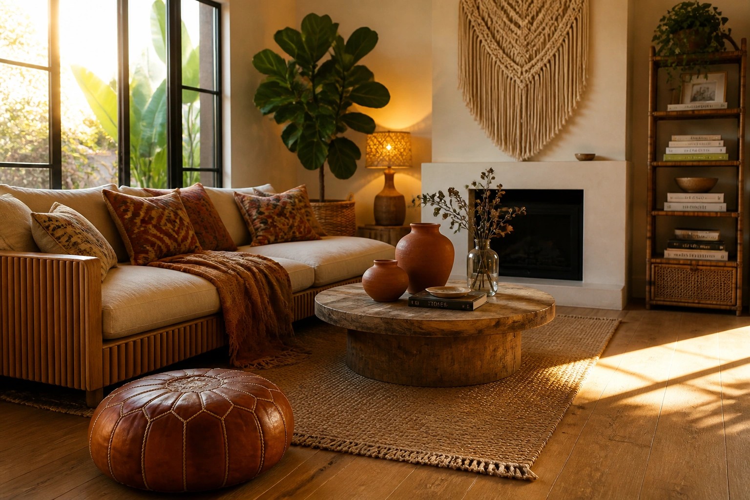 Cozy living room with white sofa, wooden coffee table, leather pouf, and woven rug.